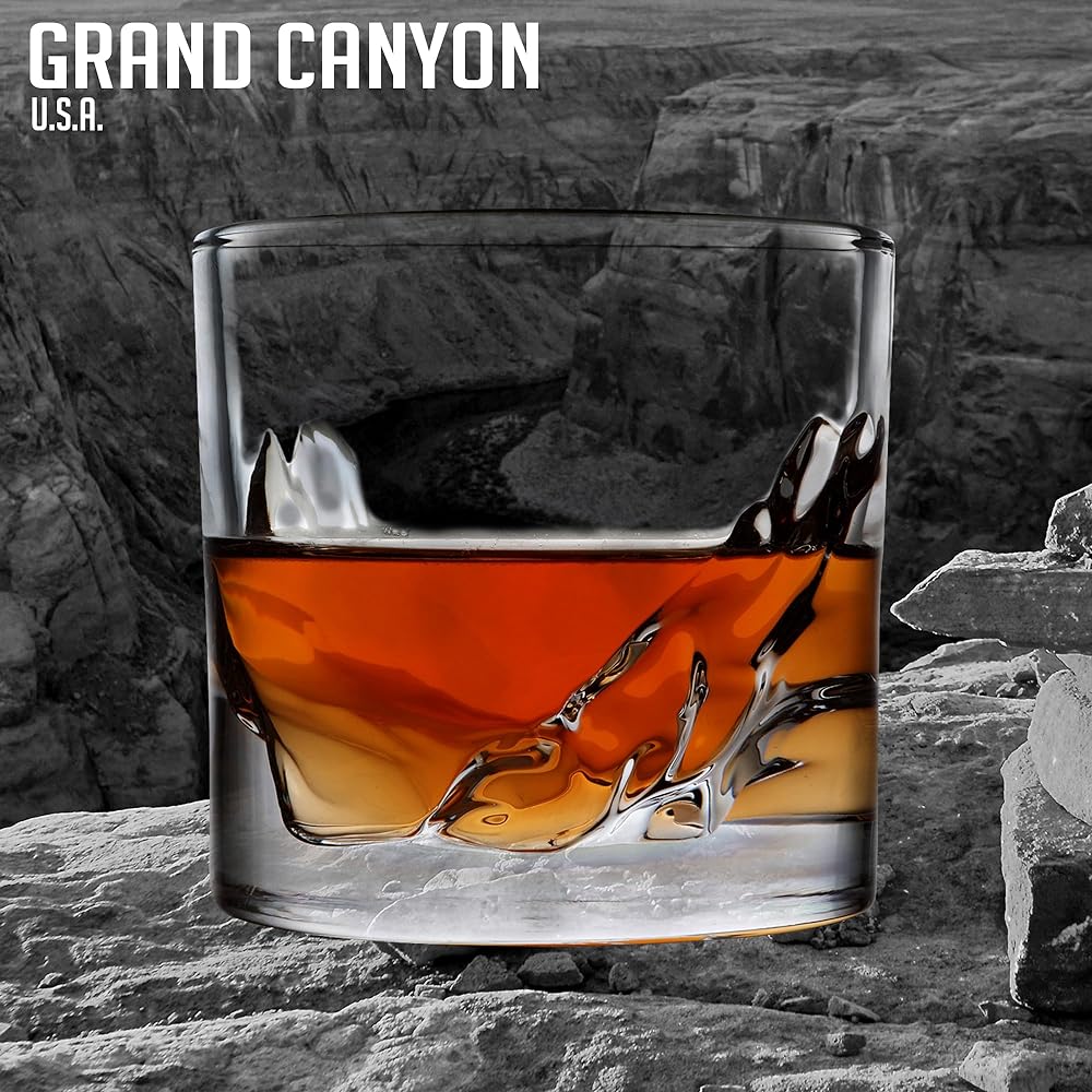 Set of 4 Whiskey Glasses: Heavy whiskey tumbler. Perfect for old glasses and scotch, bourbon, and bar drinks. Gorgeous mountain design. Barware accessories with thick and heavy bottoms.
