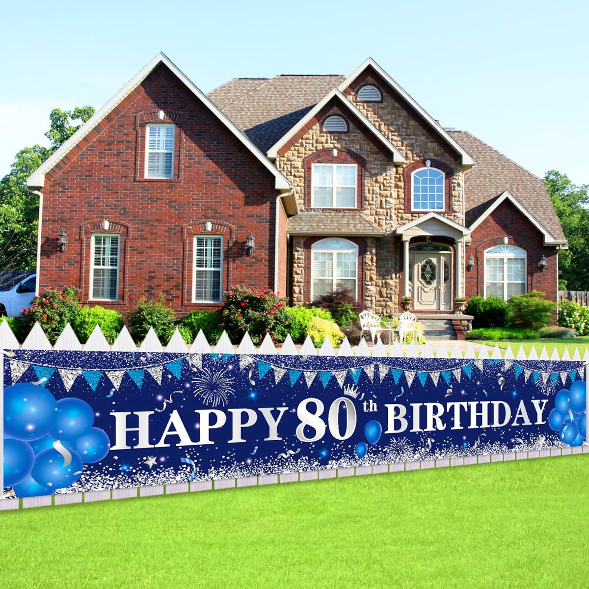 Blue 80th Birthday Decorations Banner Unisex Navy Blue Silver Happy 80th Birthday Yard Banner Sign Outdoor Indoor 80th Birthday Party Decorations 17.7x98 Inch