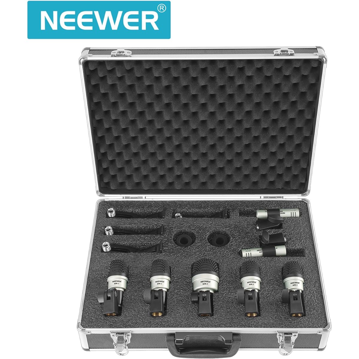 Neewer 7-Piece Wired Drum Instrument Microphone Kit, Bass Drum/Tabor/Condenser Microphone Set for Drums, Jazz Drums, Vocals and Other Instruments with Thread Clip, Foam Windscreen and Aluminum Case (NW-7)