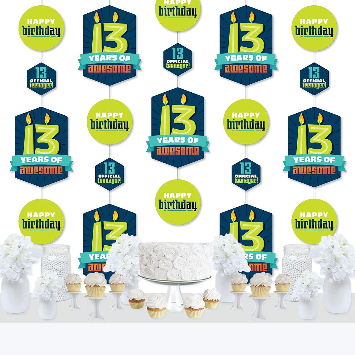 Big Dot of Happiness Boy 13th Birthday - Official Teenager Birthday Party DIY Dangler Backdrop - Hanging Vertical Decorations - 30 Pieces