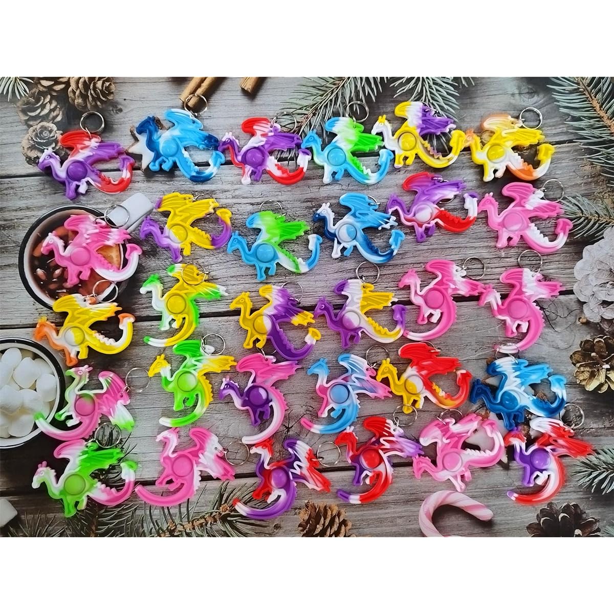 HOZKEAP Dragon Raptor Backpack, Pack of 100 Mini Pops Rainbow Keychains Fidget Bubble Toys for Kids Teacher Gifts Small Birthday Party Favors Gifts