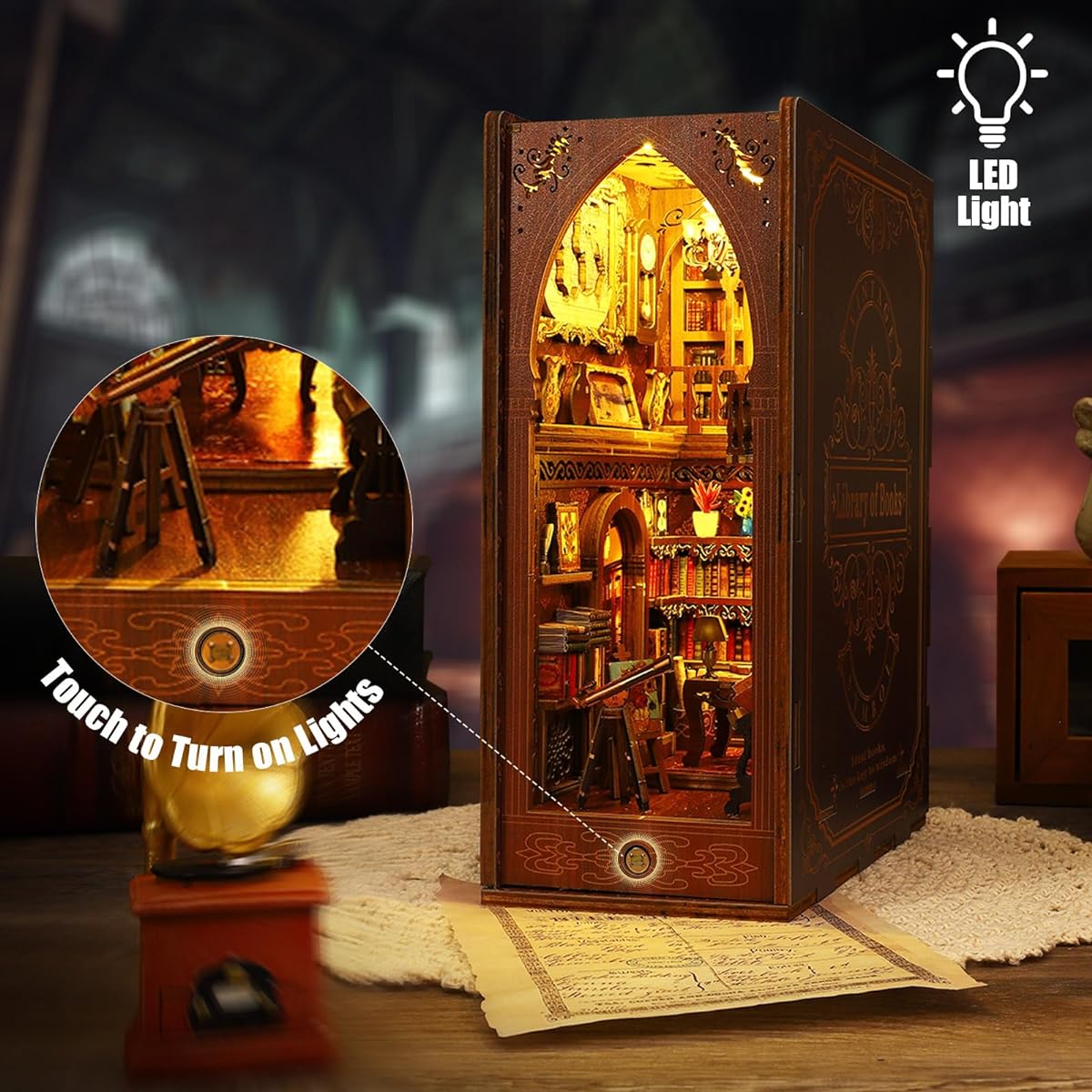Book Nook Kit - DIY Miniature Model Wooden Dollhouse Book Nook with LED Lights for Adults Teens Build Mini Puzzle Toy Bookends Shelf Decor Craft for Boys Girls Gifts - Book Library