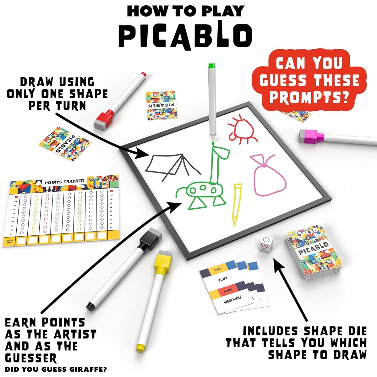 Crated Games: Picablo - Shape Drawing Party Game, Drawing for All Skill Levels, Ages 8+, 2-5 Players