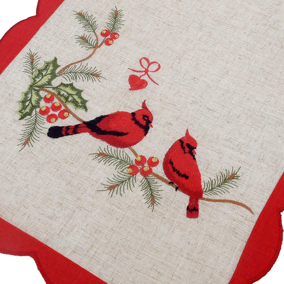 Grelucgo Short Embroidered Christmas Holiday Decorative Cardinal Table Runner (15x34 inches)