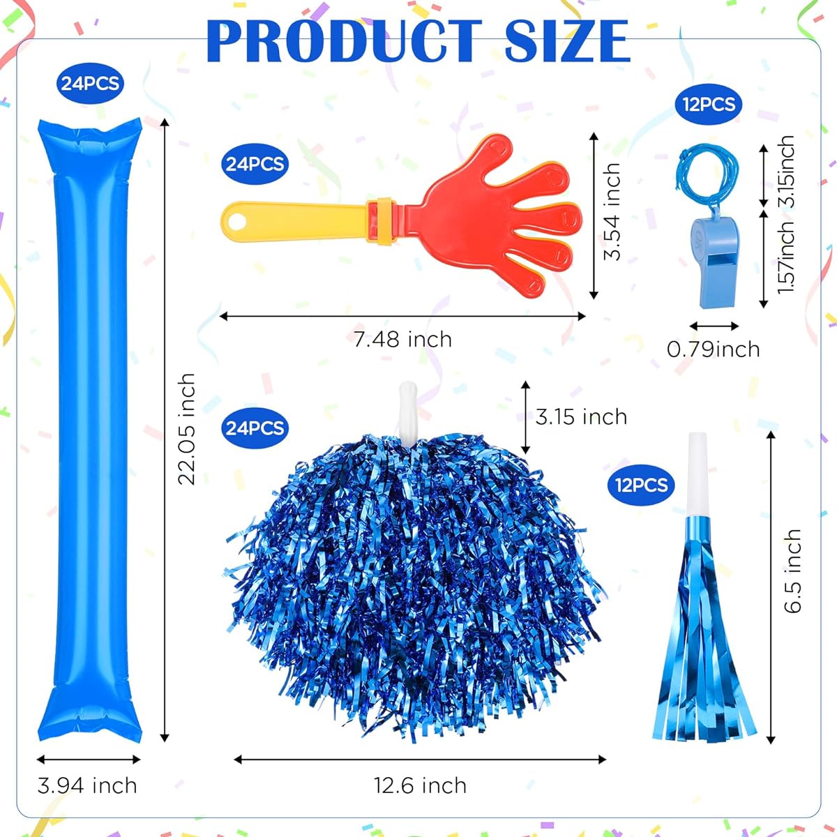 Jenaai 96 Pcs Cheerful Noise Makers Party Favors, 24 Thunder Sticks, 24 Hand Clappers, 24 Cheerleading Poms, 12 Blowout Whistles with Fringe, Colorful Plastic Whistles for Dance Football Favors