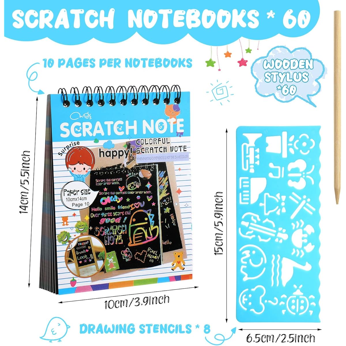 Chuangdi Scratch Notes Bulk Art & Craft Note Pads Rainbow Paper Craft Kit Scratch Off Coloring Books Kids Party Favors 60pcs