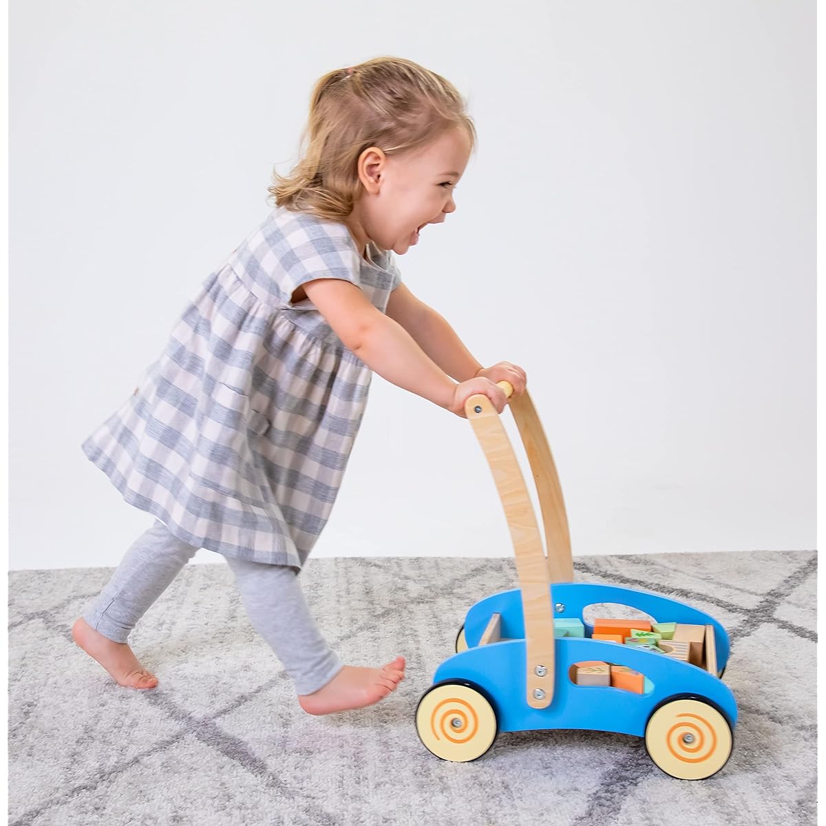 PIDOKO KIDS Wooden Baby Walker - Gift for 1 Year Old Boys and Girls - Includes Stacking Sorting Cups, Zoo Themed Blocks and Book - Montessori Learning Toys for Babies 12 Months and Up