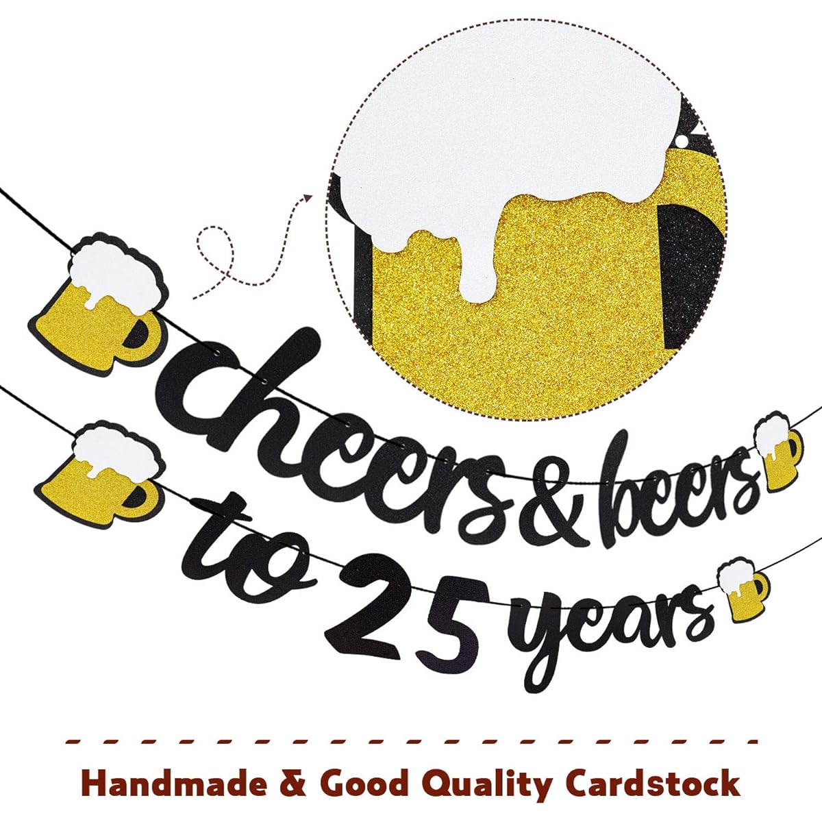 Joymee 25th Birthday Decorations Cheers to Beer 25 Years Old Banner Black Glitter Happy Birthday Wedding Anniversary Party Supplies