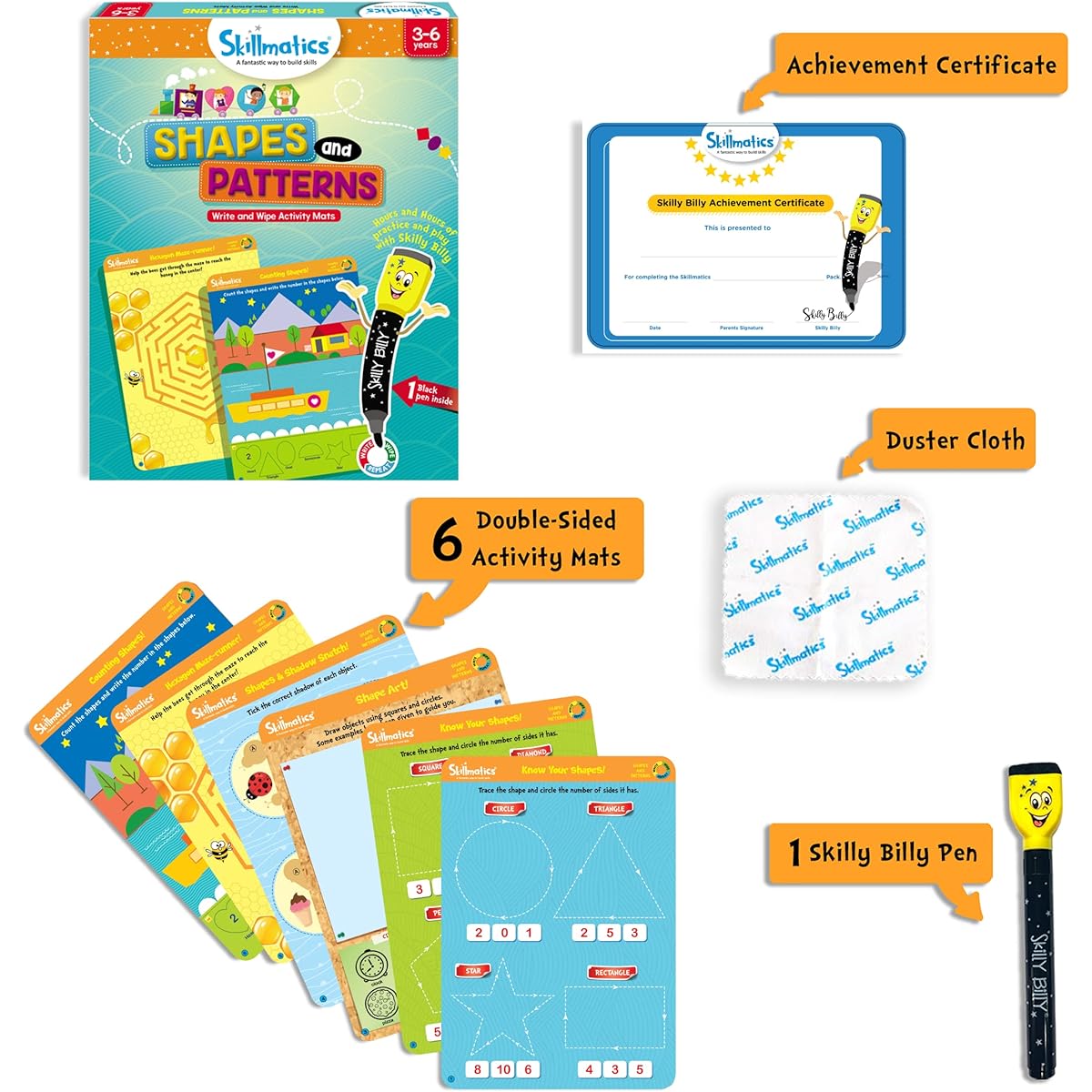 Skillmatics Educational Games: Shapes and Patterns (3-6 years) | Reusable Activity Mat | Travel Friendly Toy with Dry Erase Markers | Learning Tool for Boys and Girls 3, 4, 5, 6 Years, Multicolor