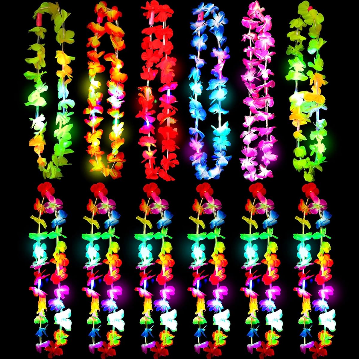 12pcs LED Hawaiian Leis Light Up Flower Lei Necklace Light Up Rainbow Flower Hawaiian Leis LED Tropical Hawaiian Party Necklace Party Supplies