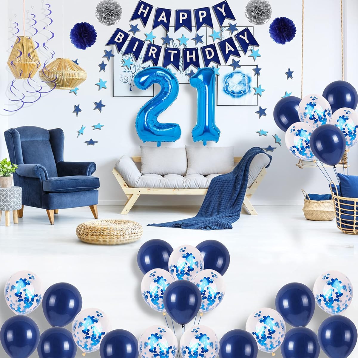 NANINUNENO 21 Years Old Blue Birthday Party Decorations for Boys Girls Men Women Happy Birthday Balloons 21pcs Number Balloons Blue Star Streamer Hanging Swirls