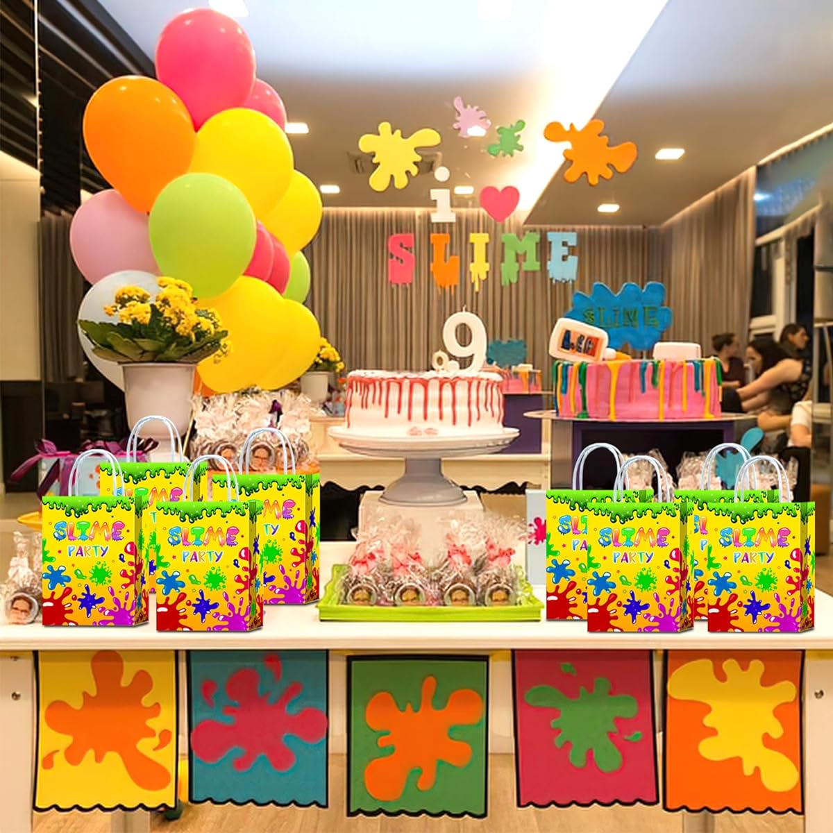 Slime Gift Bags, Slime Birthday Party Supplies, Slime Time Goodie Snacks, Treats Party Favors Bags with Handles for Kids and Adults Slime Theme Party Decorations, 16 Count