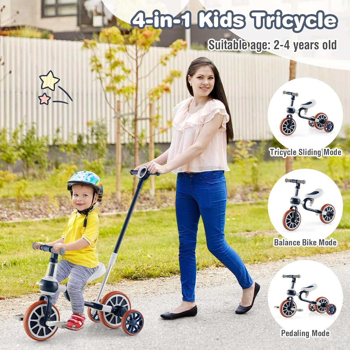 BABY JOY 4-in-1 Tricycle for Toddlers 2-4 Years Old Kids Trike Baby Balance Bike with Adjustable Seat & Parent Steering Push Handle, Removable Pedals & Training Wheels, Ride-on Toy for Boys and Girls (Blue)