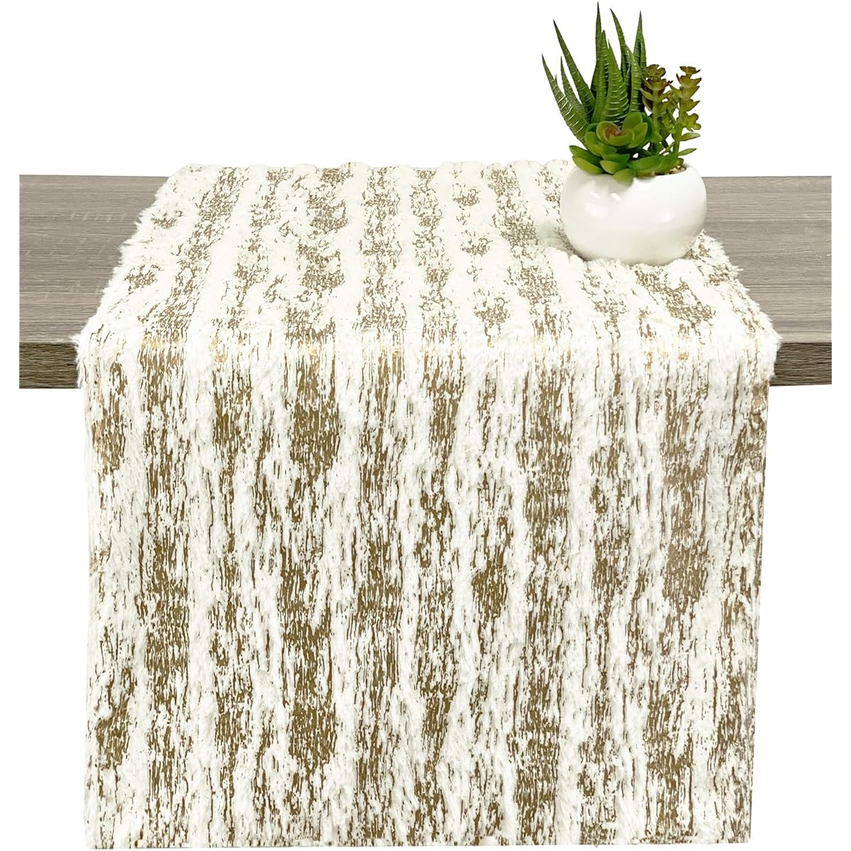Fennco Styles Contemporary Brushed Foil Faux Fur Table Runner 16 x 72 Inch Gold Metallic Design Table Cover Christmas Decor Home Banquet Family Gathering Special Occasion Everyday
