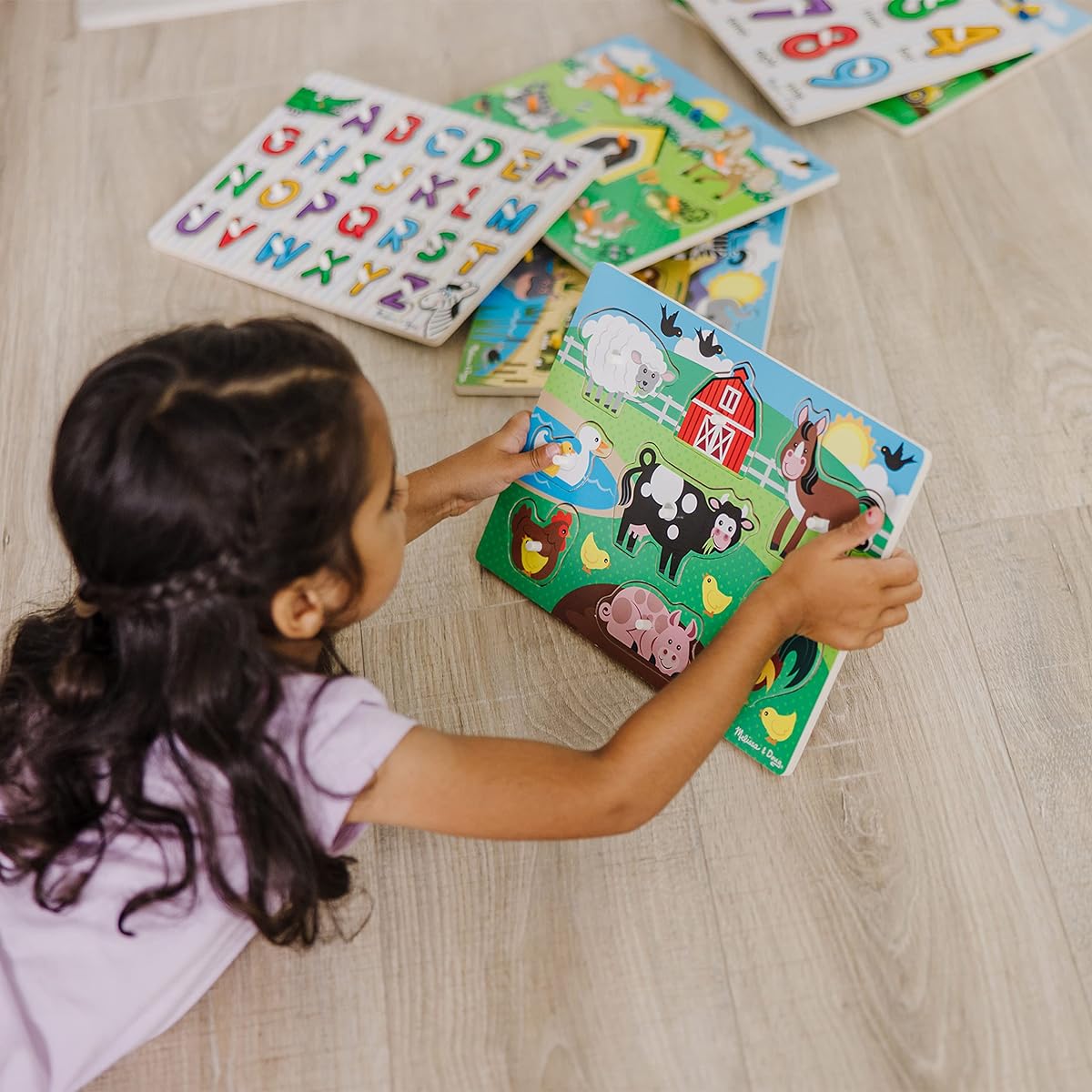 Melissa & Doug Wooden Peg Puzzle 6 Pack Numbers Letters Animals Vehicles