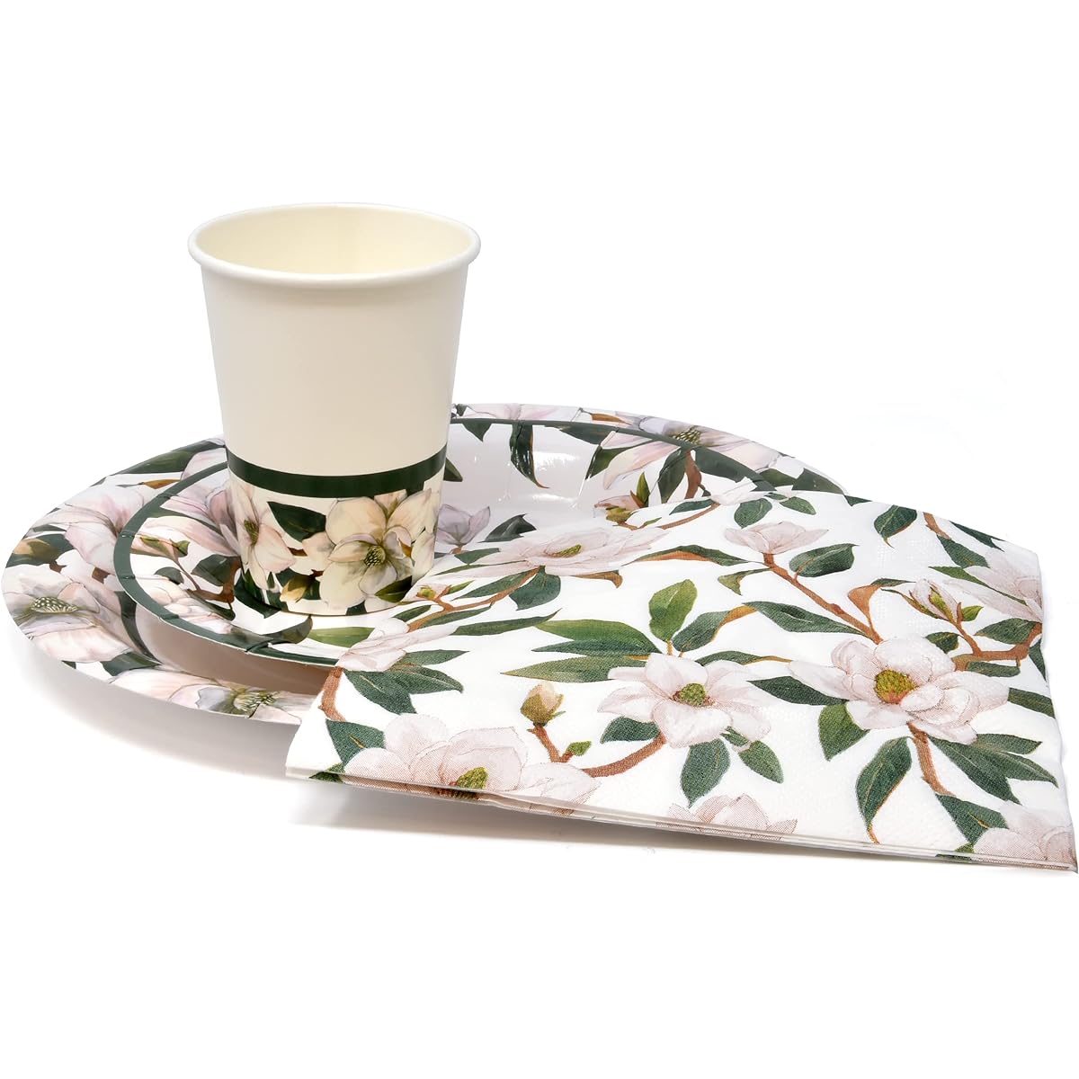 Magnolia Floral Disposable Tableware Party Supplies Set White Flowers Green Leaves 24 Pieces 9" Plates 7" Paper Plates 24 Pieces 9oz Cups 24 Pieces Lunch Napkins Baby Shower Tea Birthday Spring Tableware Decor