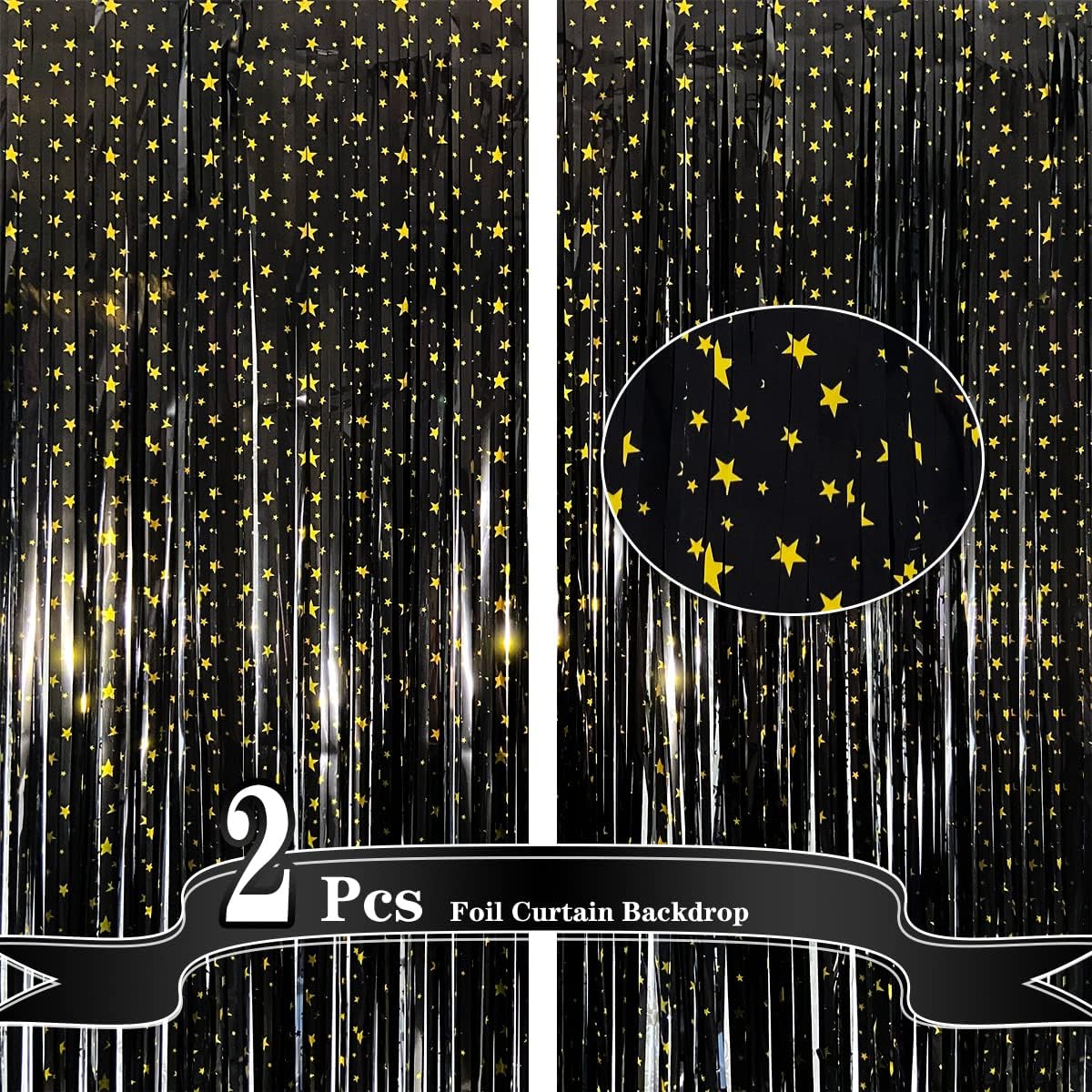 Black Foil Fringe Curtains Shiny Stars Metallic Tinsel Photo Booth Backdrop for Birthday Wedding Engagement Baby Shower Celebration Party Decorations (2 Pack 3.3ft x 6.6ft)