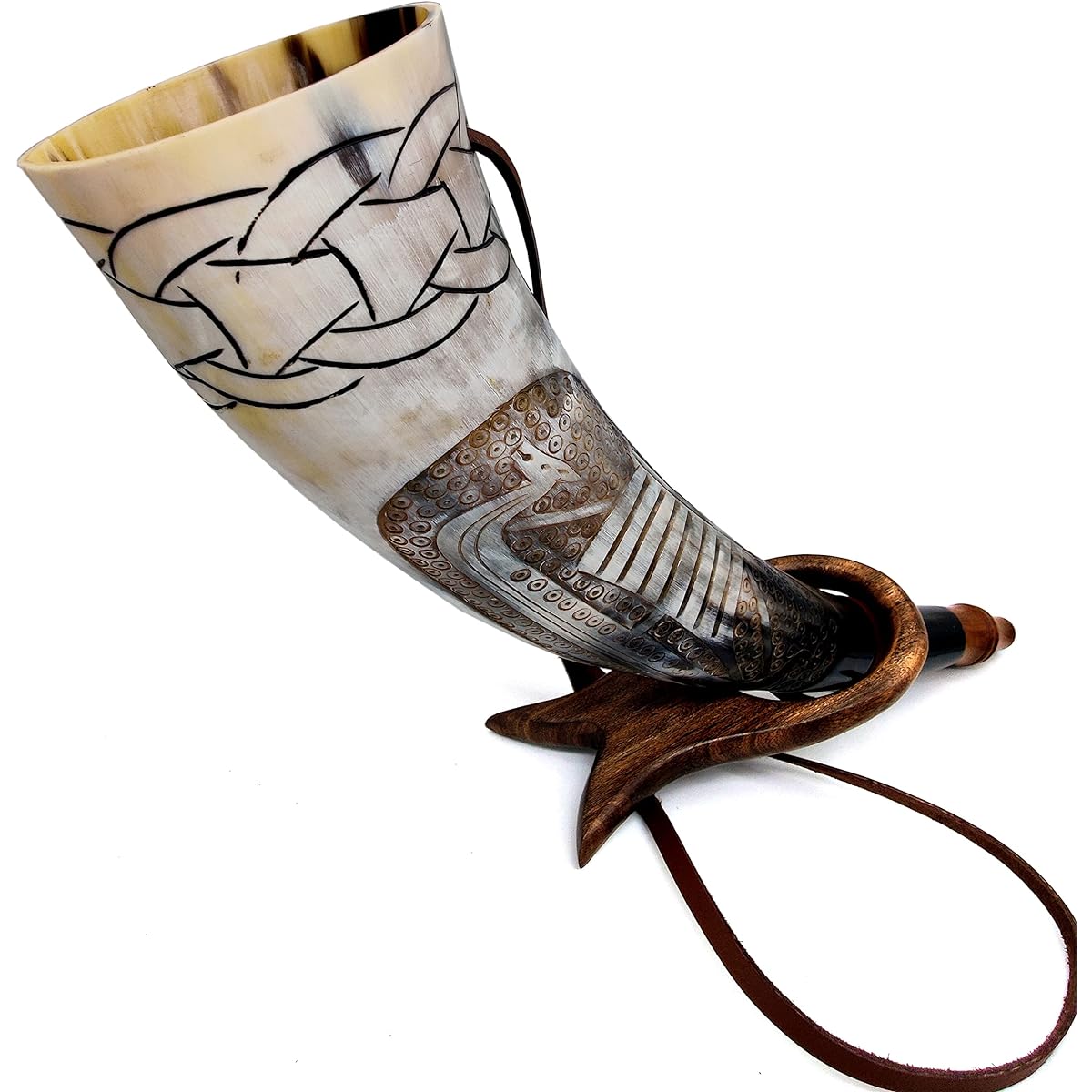 Viking War Horn - 40.6 cm Genuine Oxhorn Battle Trumpet - Premium Hand Engraved Boat Horn Viking Norse Cattle Ancient Horn Trumpet Hunting Tool BATTLE HORN Blowing Horn Viking BUGLE HORN with Wooden Stand