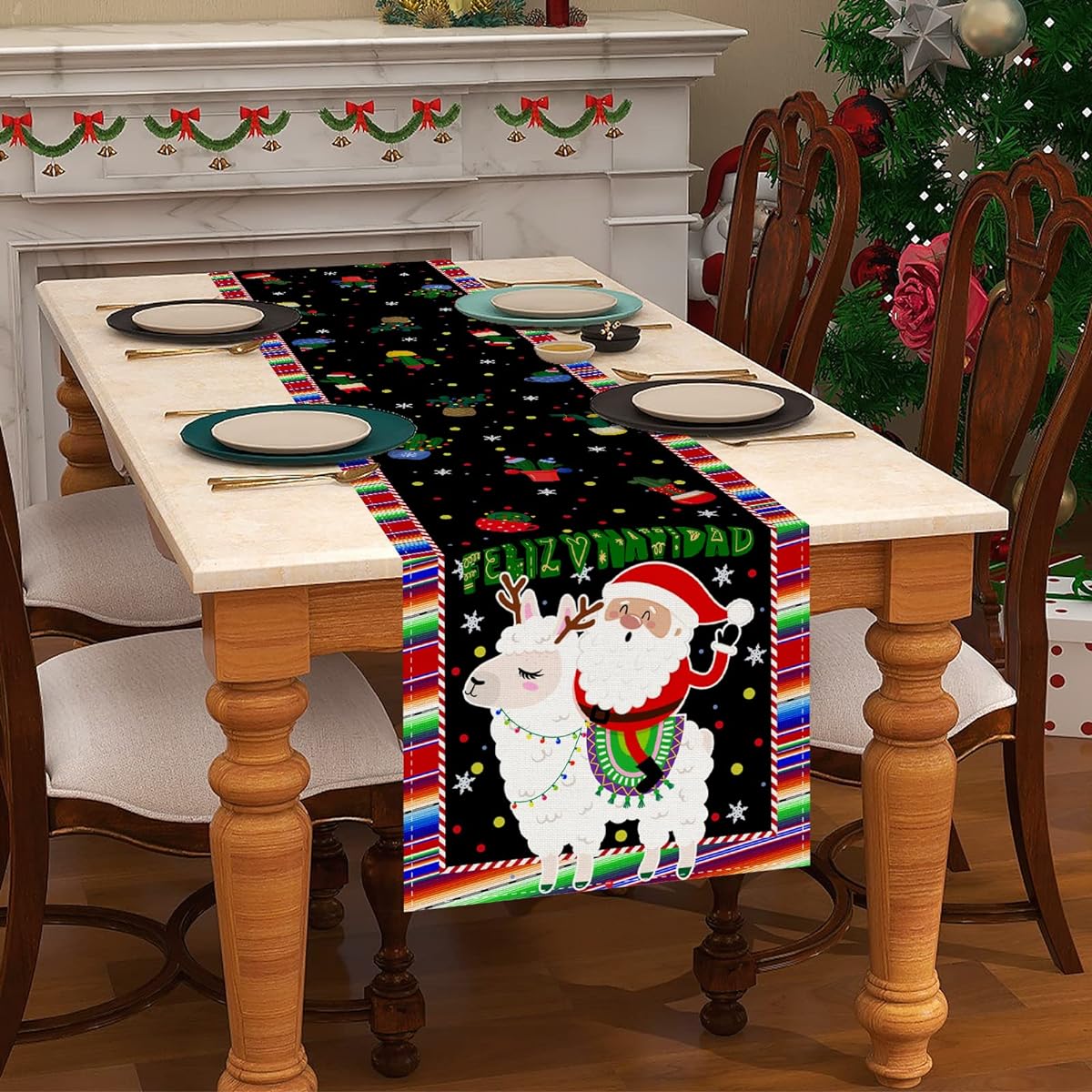 FARMNALL Linen Mexican Christmas Table Runner Feliz Navidad Decoration Mexican Christmas Christmas Winter Holiday Home Kitchen Table Decoration 13x72 Inch
