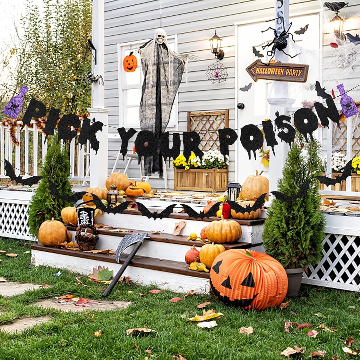 Pick Your Poison Banner Black Glitter Halloween Bat Banner Decorations Poison Sign Bar Decorations Halloween Party Witch Decorations Halloween Haunted House Doorway Home Decorations