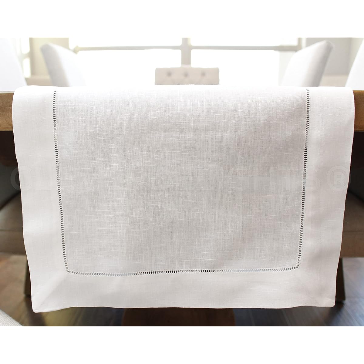 CleverDelights White Linen Hemstitch Table Runner - 16" x 90" - 100% Pure Linen