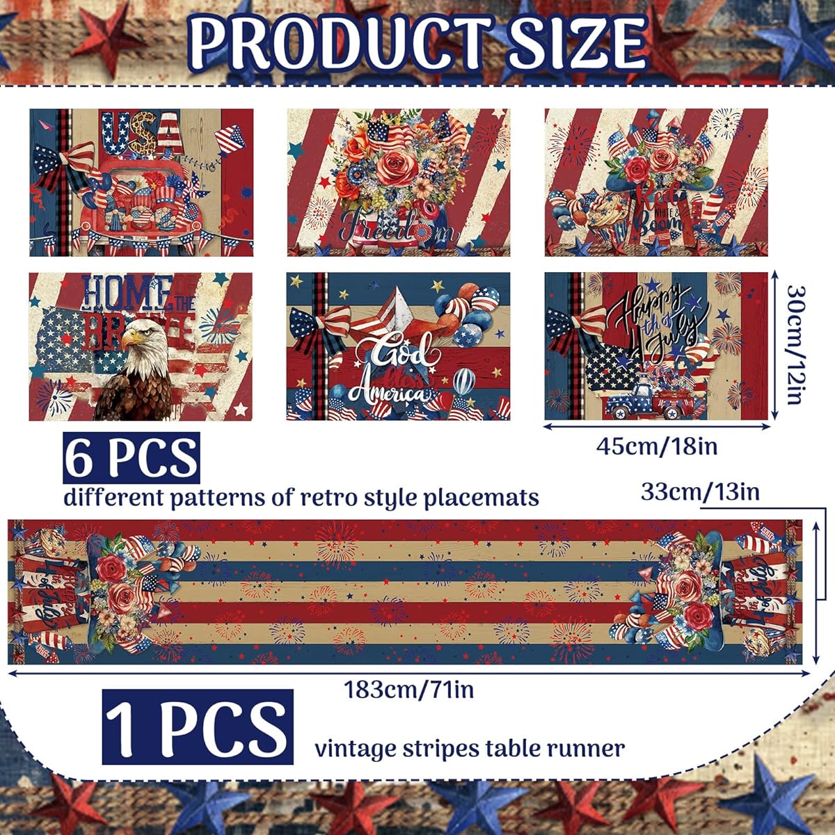 Pickmesh 7 Piece 4th of July Table Runner and Placemat Set 72 x 13 Inch, Patriotic Table Runner 18 x 12 Inch, Star Pattern, Washable for Independence Day Party Decorations (Classic)