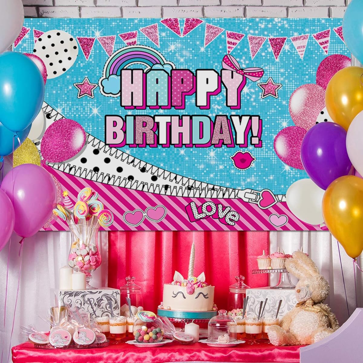 InMemory Pink Blue Sequin Surprise Birthday Backdrop Glitter Balloons Princess Cartoon Doll Birthday Photo Backdrop Kids Girls Happy Birthday Party Decoration Photo Booth Banner Supplies 2.1x1.5m