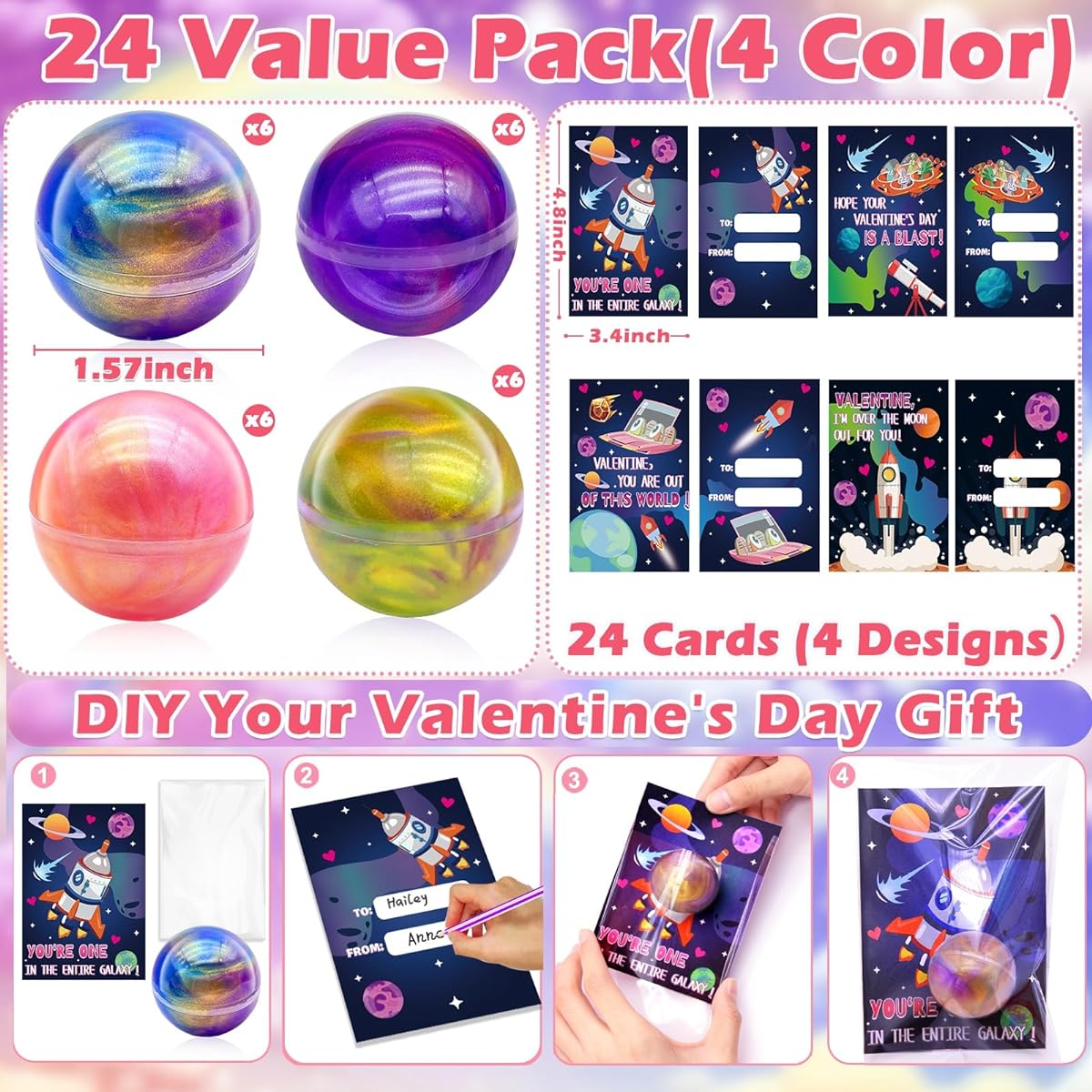 AMENON 24 Pack Valentine Galaxy Slime Kit with Exchange Card Valentine Gift for Kids Boys Girls Colorful Stretchy Galaxy Slime Balls Valentine Classroom Exchange Gift School Favors Party Favors