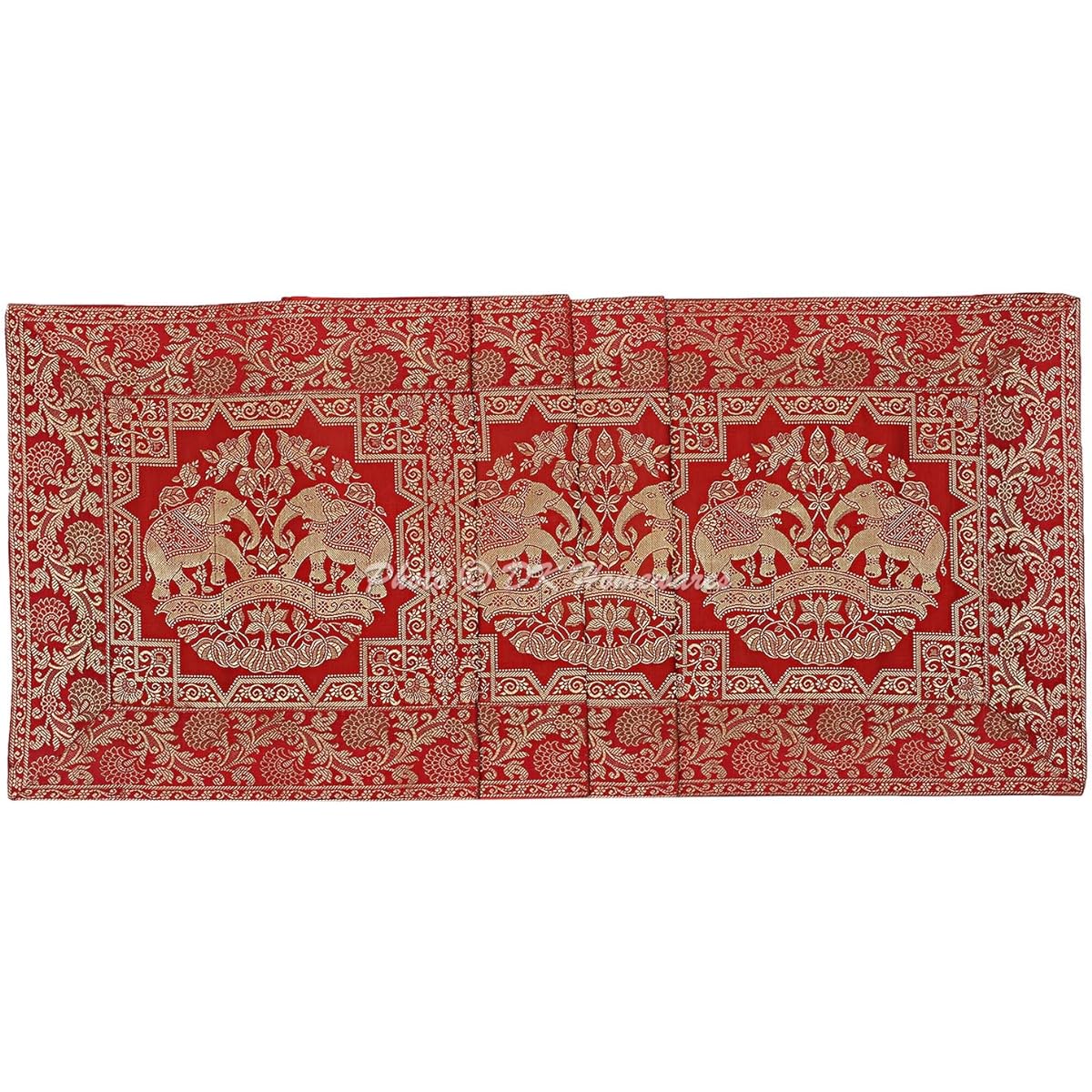 DK Homewares Traditional Indian Birthday Party Coffee Table Decoration Brocade Tablecloth Red Gold 60" Length Jacquard Elephant 5ft Table Runner (150 x 40cm)