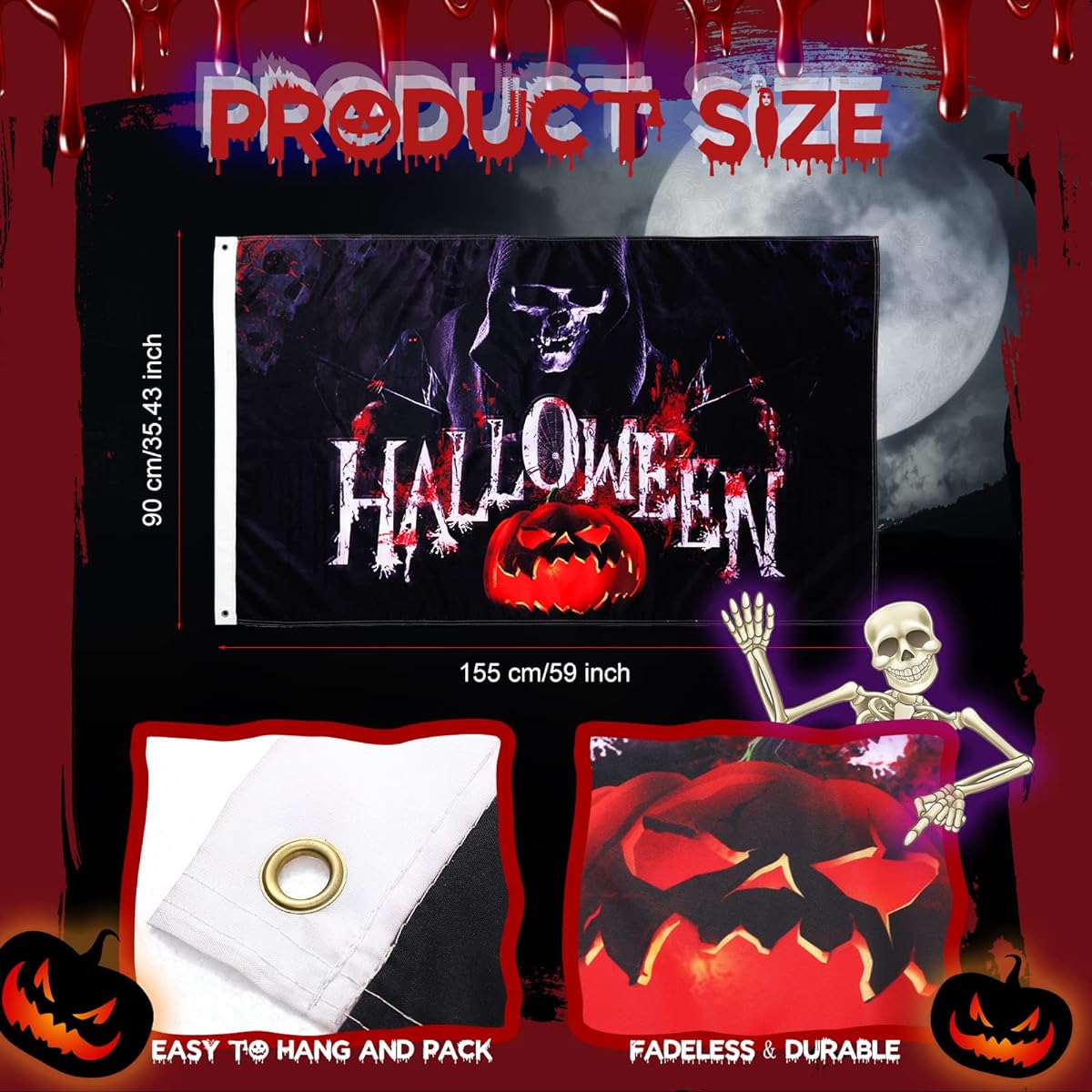 Halloween Flag 3 x 5ft Double Sided Polyester Halloween House Garden Flag Skeleton Indoor Outdoor Decoration Banner Large Holiday Flags for Trick or Treat Pub Club School Festival