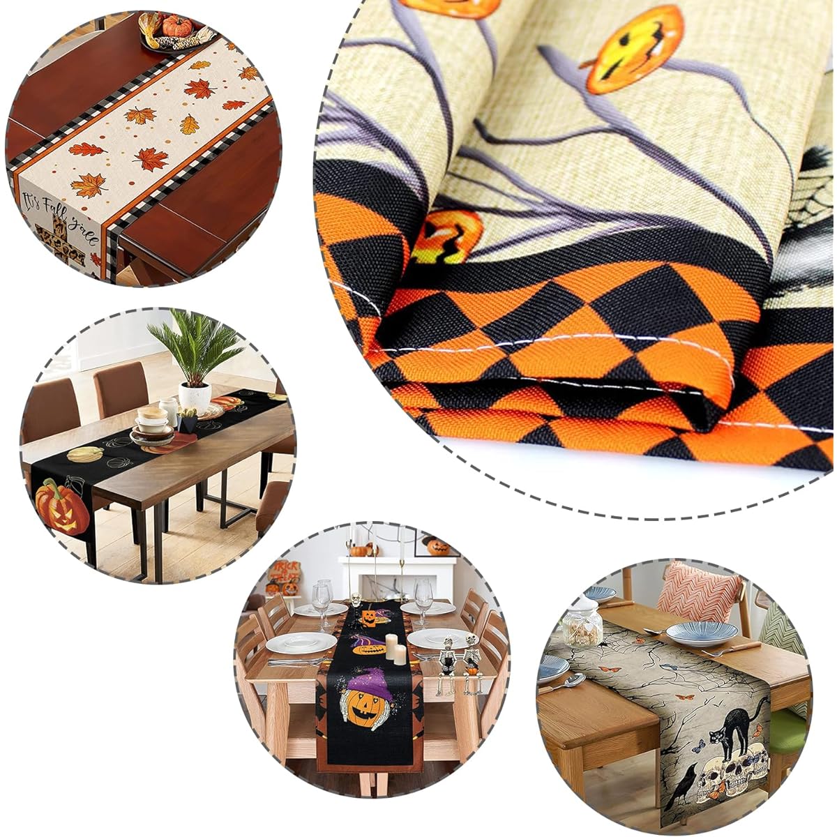 BNCLSTG Halloween Table Runner, Linen Retro Skull Pumpkin Spooky Witch Pattern Halloween Table Runner Halloween Home Decor for Indoor (d)