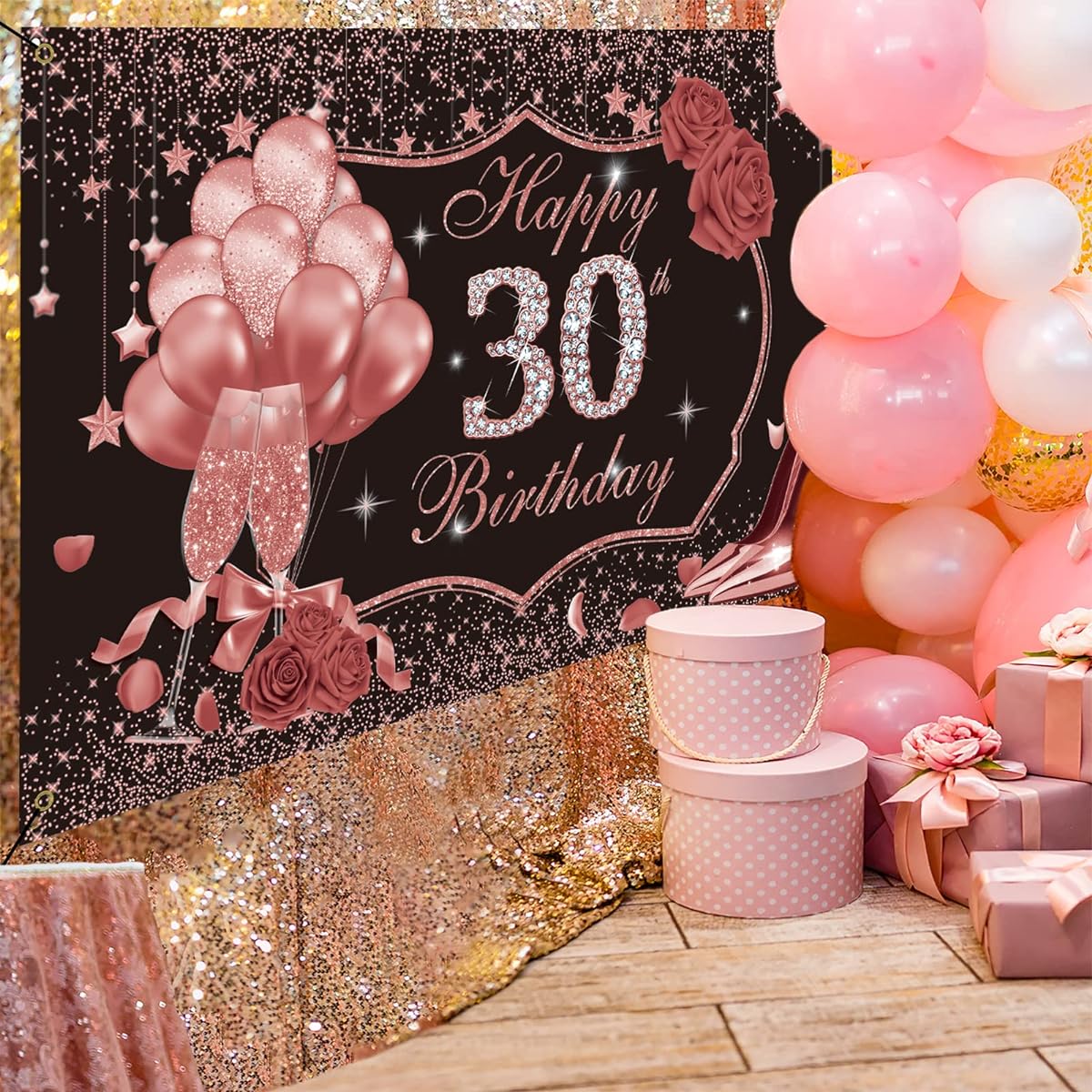 Ufocusmi 30th Birthday Decorations for Women Rose Gold Happy 30th Birthday Backdrop Banner 30th Birthday Party Supplies for Her Dirty 30th Birthday Photo Backdrop 6x4ft