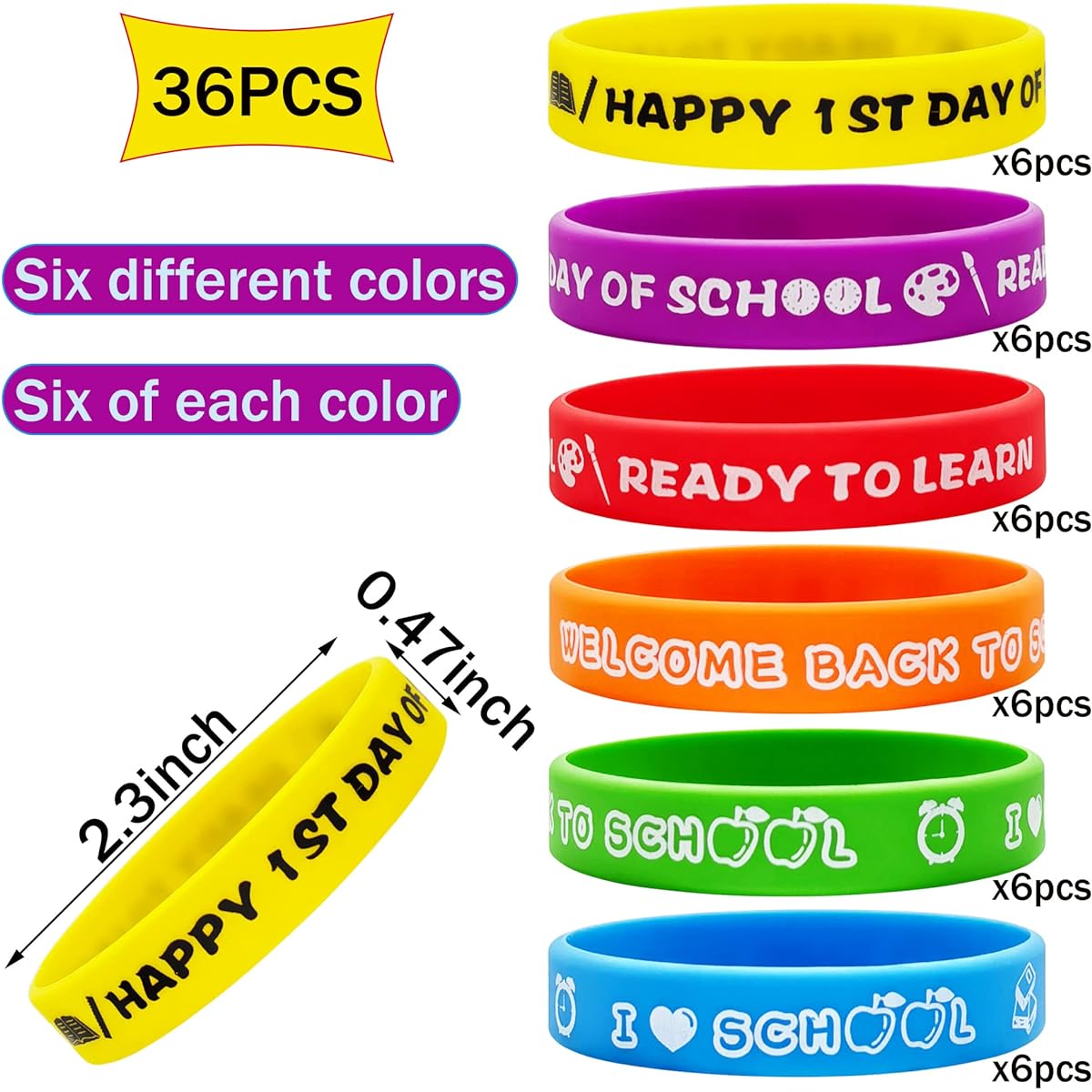 Back to School Rubber Bracelets 36 Pack | Back to School Party Supplies | First Day and 100 Days of School Silicone Wristbands School and Classroom Party Favors Party Goodie Bag Filler Stuffers