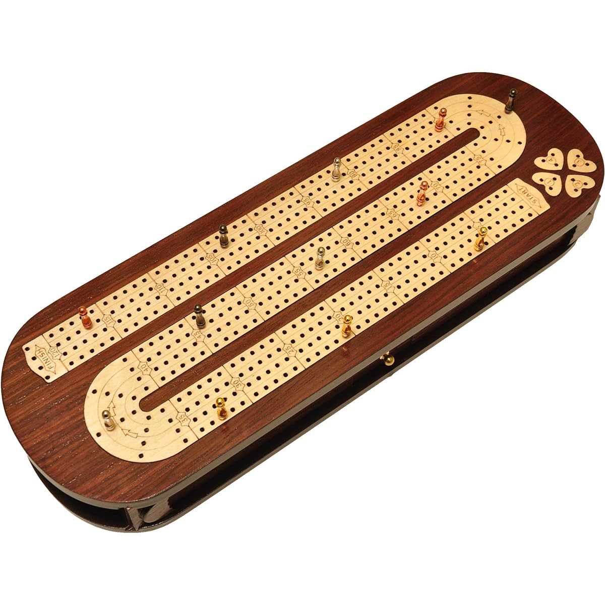 PALM ROYAL HANDICRAFTS 4-Track Wooden Cribbage Board Set with Rosewood and Maple Wood Embedded Pegs and Card Storage, 4-Person Cribbage Board (15 x 5 Inches)