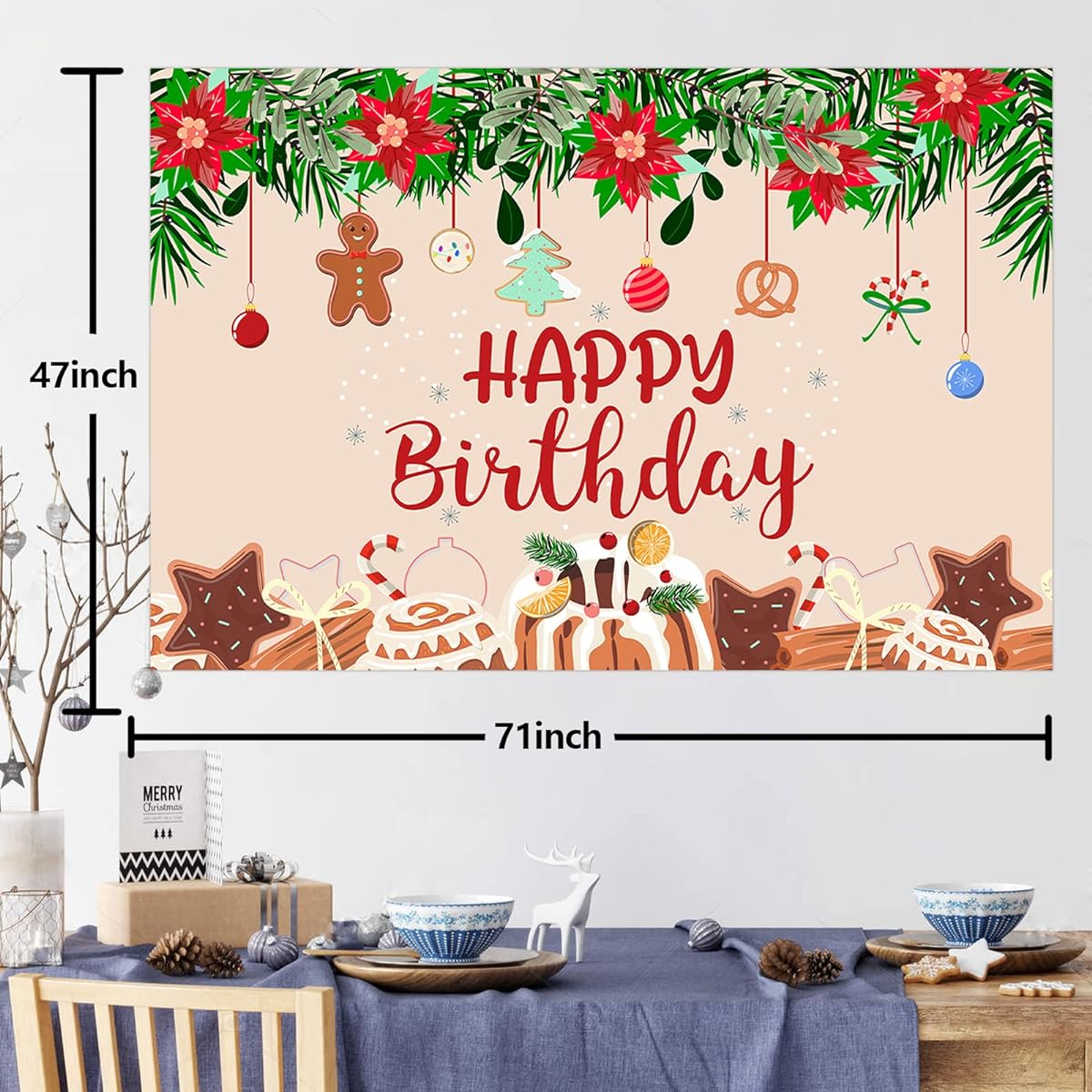 Merry Christmas Happy Birthday Banner Backdrop Nativity Candy Cane Gingerbread Man Dessert Christmas Theme Decorations Home Office Winter Holiday New Year Christmas Eve Party Supplies Favors