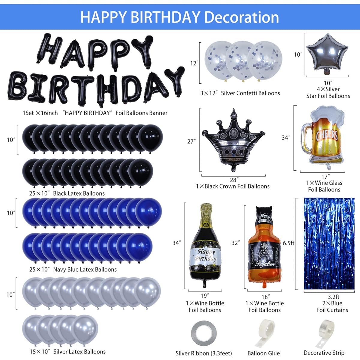 Blue and Black Happy Birthday Decorations Men's Birthday Decorations with Banner Fringe Curtain Beer Crown Foil Balloons Balloon Kit for 21 Years Old 25 Years Old 27 Years Old 30 Years Old 35 Years Old 40 Years Old 50 Years Old 60th Birthday Decorations