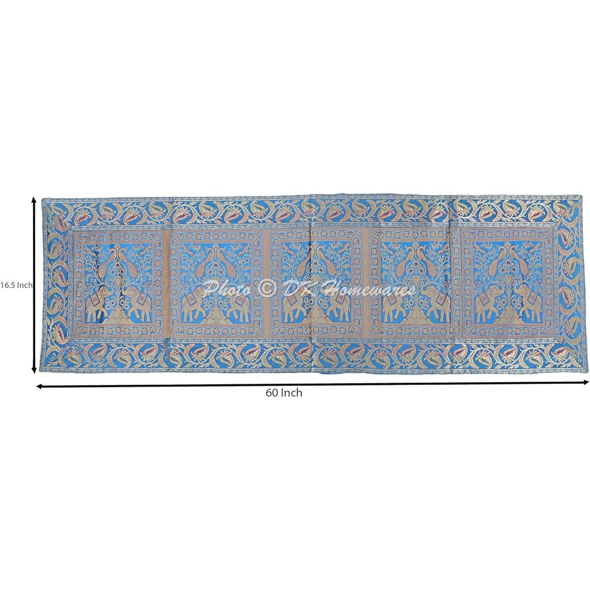 DK Homewares Traditional Indian Tablecloth Wedding Dining Decor Turquoise Gold Brocade Satin 60" Long Jacquard Elephant 5ft Table Runner (150 x 40cm)
