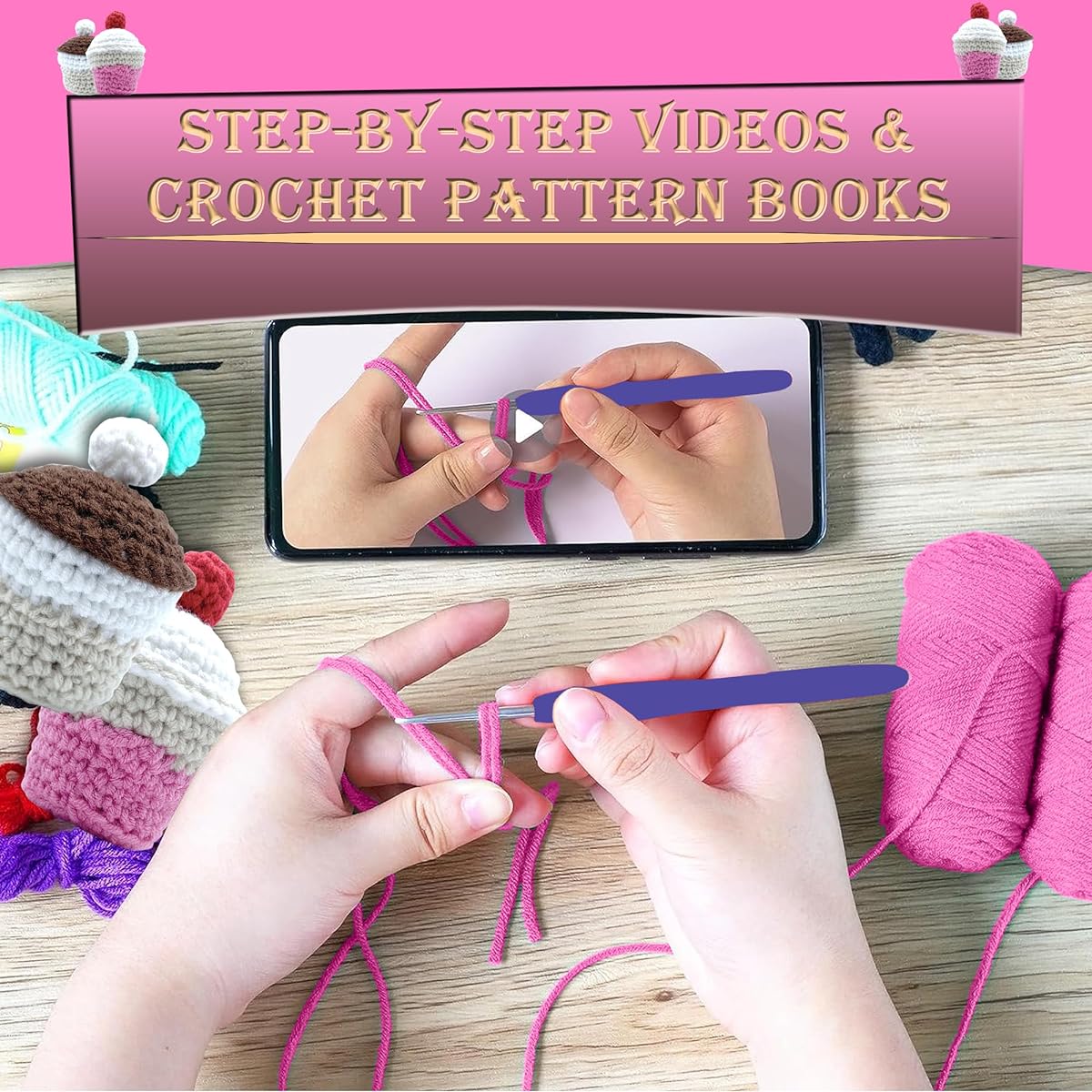 Crochet Kit for Beginners Crochet Starter Kit with Step by Step Guided Video Knitting and Crochet Accessories for Adults Beginners and Professionals 40% Spare Yarn Cupcake Pattern 2 Pack