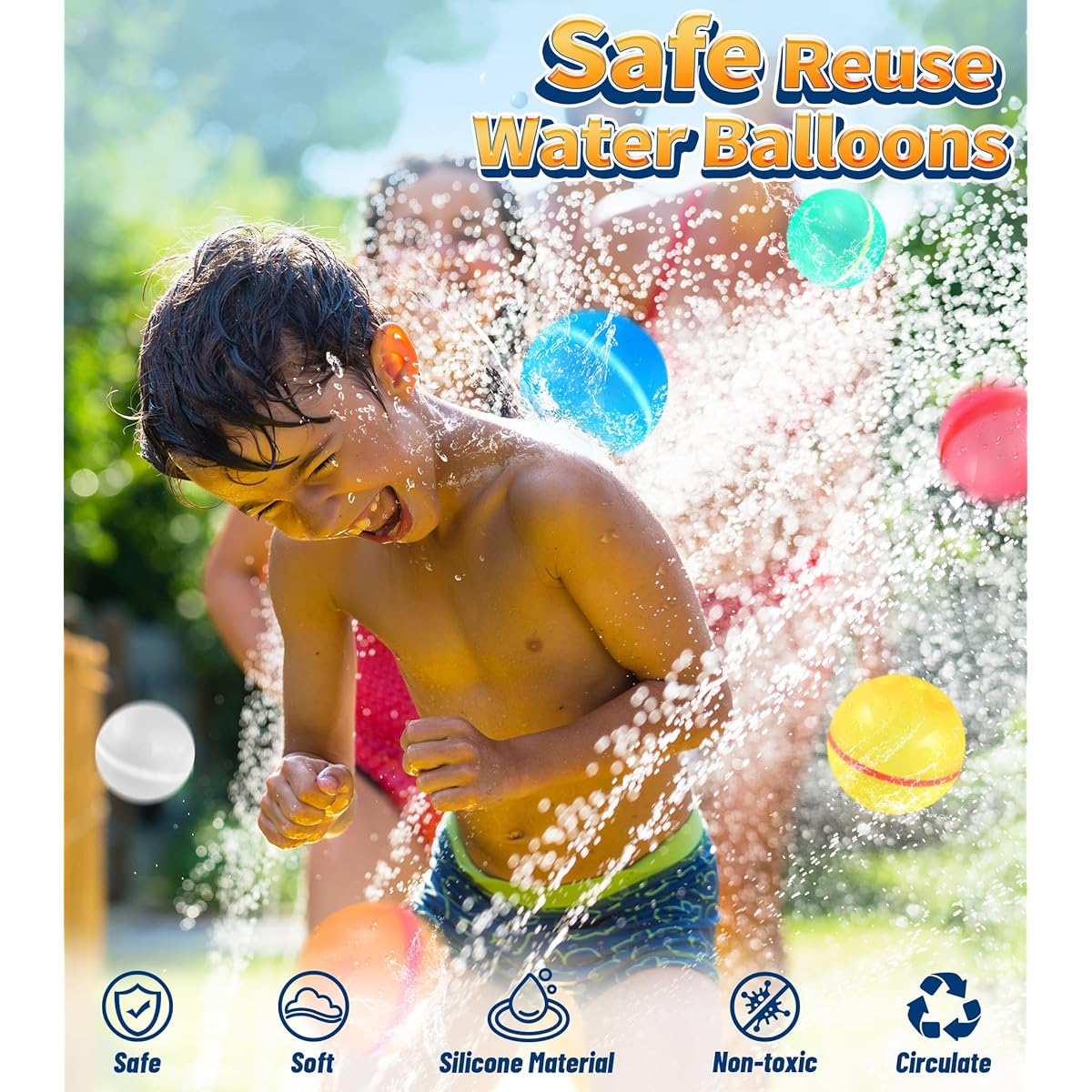 Reusable Water Balloons Self Seal Quick Fill Latex Free Silicone Magnetic Refillable Water Balloons for Kids Summer Outdoor Pool Party Water Game - Happy Water Bomb Splash Ball (Pack of 10)