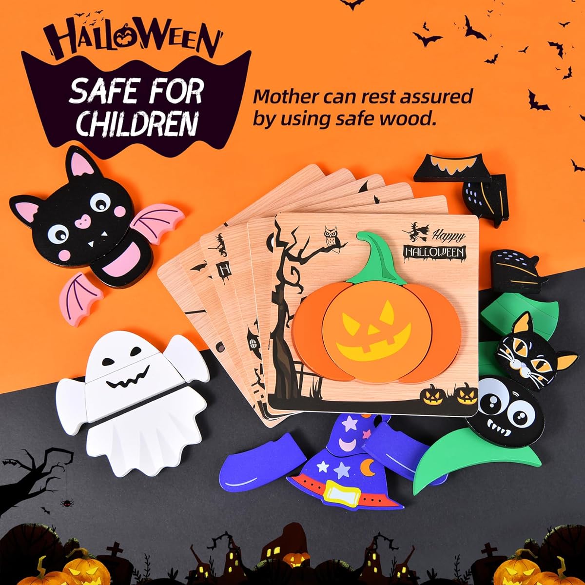 6 Pack Halloween Wooden Puzzle for Kids Boys Girls Toddlers Halloween Jigsaw Puzzle Toys Halloween Party Favors Treat Bag Stuffers Halloween Treats