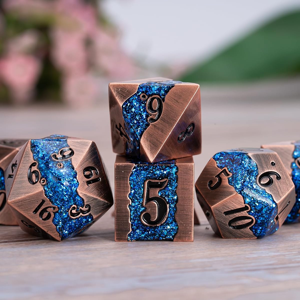 Metal DND Polyhedral Dice, Large Striped Glitter Metallic Dice Set, Set of 7 Antique Silver Dice for Role Playing Games (Antique Copper Blue)