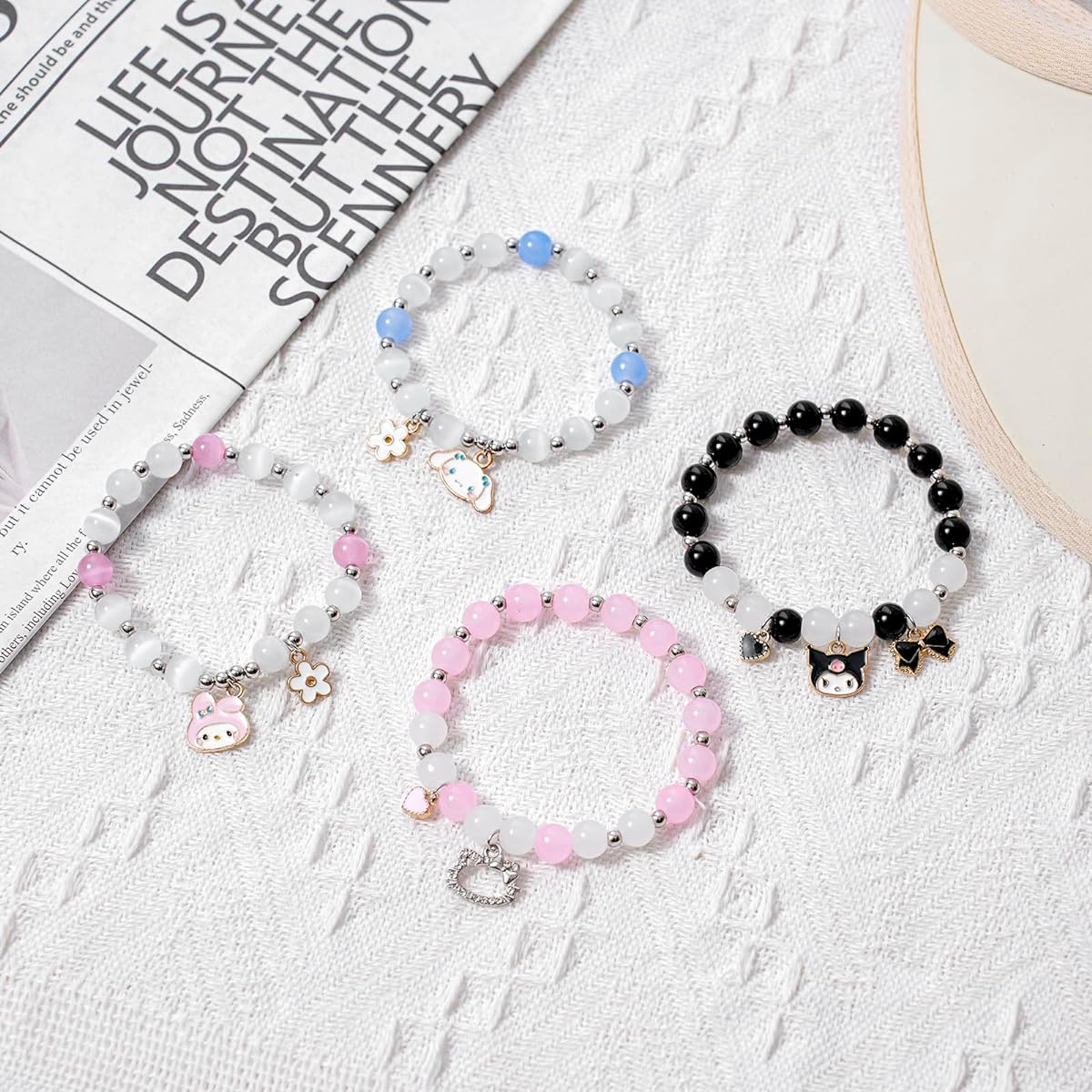 ANZWTLOYY Cute Bracelet Set Crystal Beads Pearl Bracelet Cute Cartoon Elastic Beads Bracelet for Girls Women Friendship Jewelry