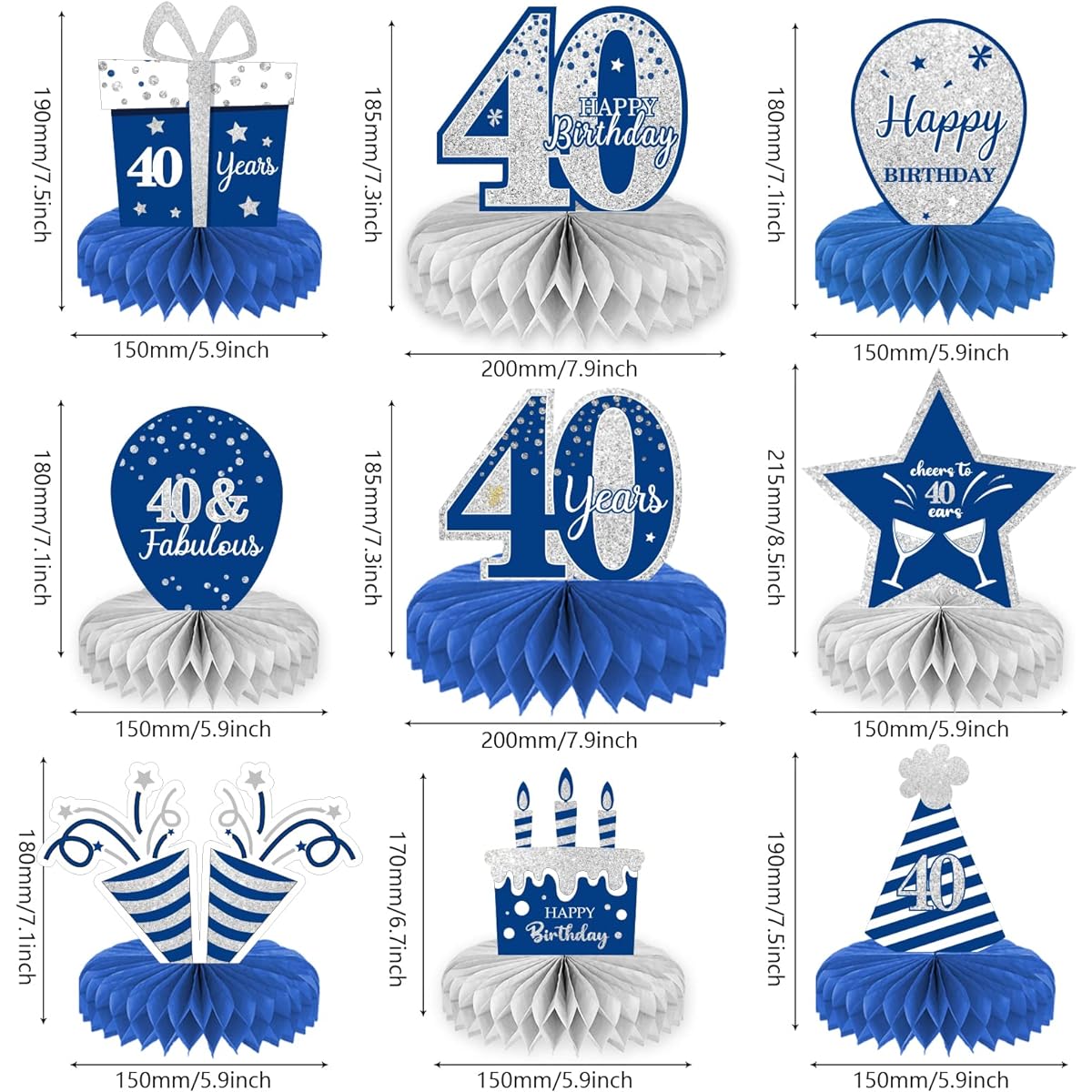 9 Pieces Blue Silver 40th Birthday Decorations, 40th Birthday Centerpieces Table Decorations Cheers to 40 Honeycomb Table Topper 40th Birthday Decorations for Men and Women 40th Birthday Party