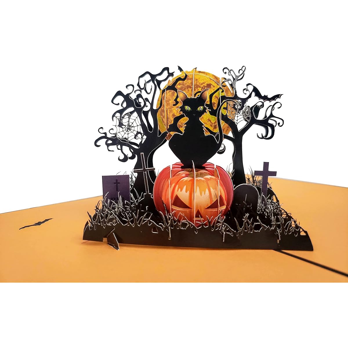 iGifts And Cards Scary Black Cat Pumpkin Halloween 3D Pop Up Greeting Card - Jack O'Lantern Spooky Tree Fun Bat Spooky Cemetery Tombstone Full Moon Graveyard Graveyard Tombstone Cemetery Cemetery Graveyard Cobweb Hello