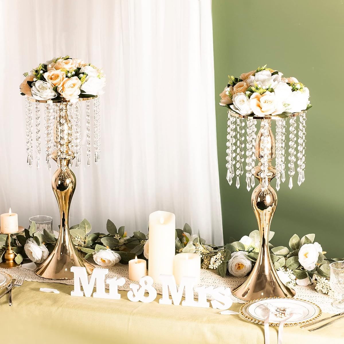 LANLONG 10pcs Crystal Centerpieces for Tables, Gold Flower Stands, Tall Floral Centerpiece Risers for Wedding Reception Table Decoration