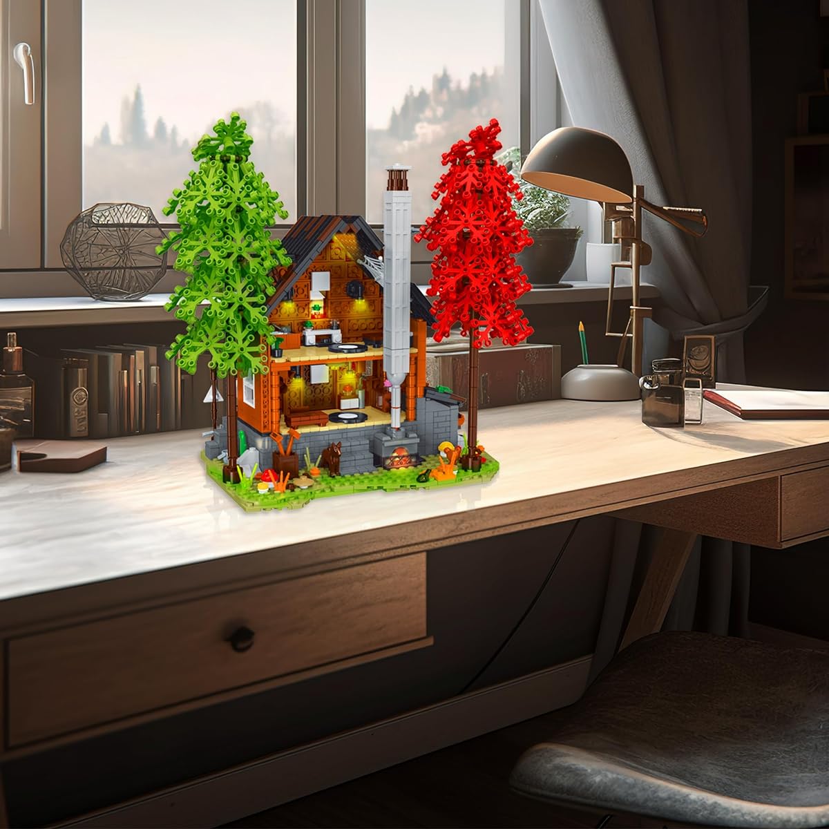 Addshiny Wooden Cabin Building Set with LED Lights MOC Villa Charette Construction Forest Cabin House Building Kit with LED Lights DIY Street View Model Toys for Ages 6+ (1643 Pieces)