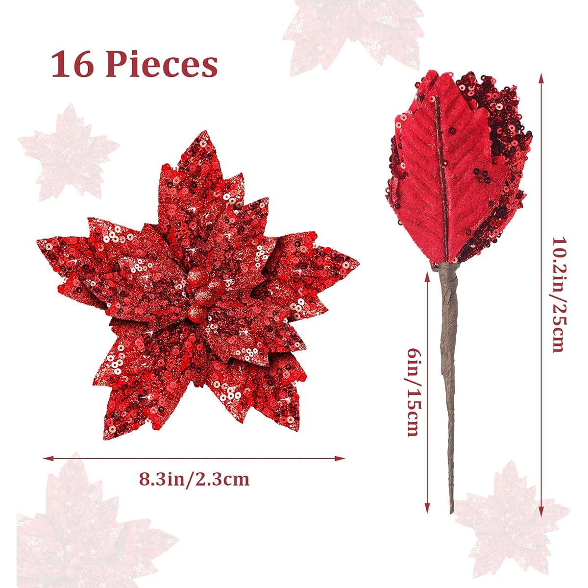 Sparkly Poinsettia Christmas Tree Ornaments, Red Artificial Christmas Flowers with Stems, Christmas Poinsettia Flower Decorations for Holiday Wedding Party Wreath Garland 25cm