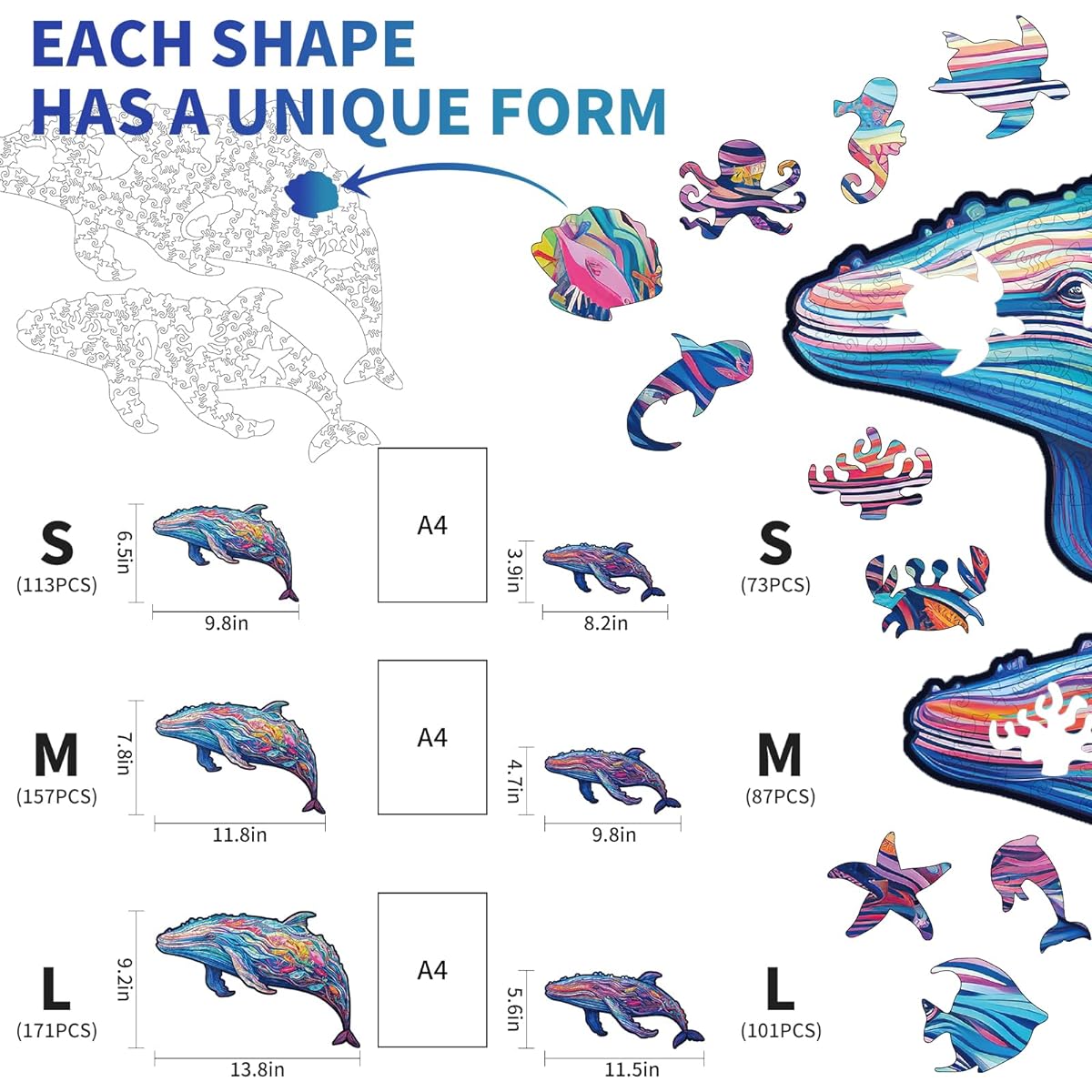 KAAYEE Wooden Jigsaw Puzzle - Wooden Puzzle for Adults Unique Shape Advanced Whale Family Wooden Jigsaw Puzzle for Adults Family Puzzle (M-11.8"x11.8" 244 Pieces)