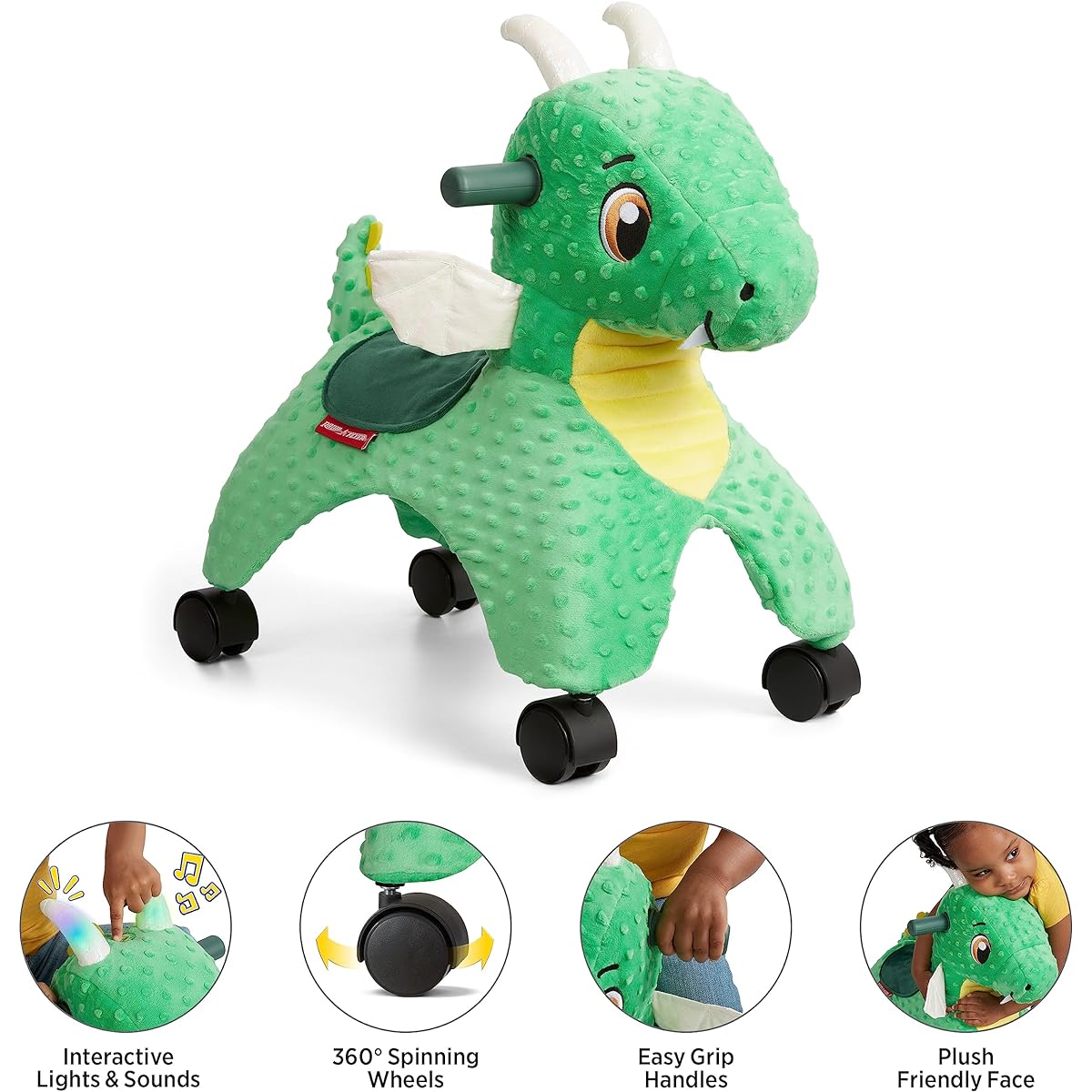 Radio Flyer Jade The Magical Dragon with Interactive Lights and Sounds Ride-on Toy for Toddlers Ages 1-3 Green Dragon for Kids