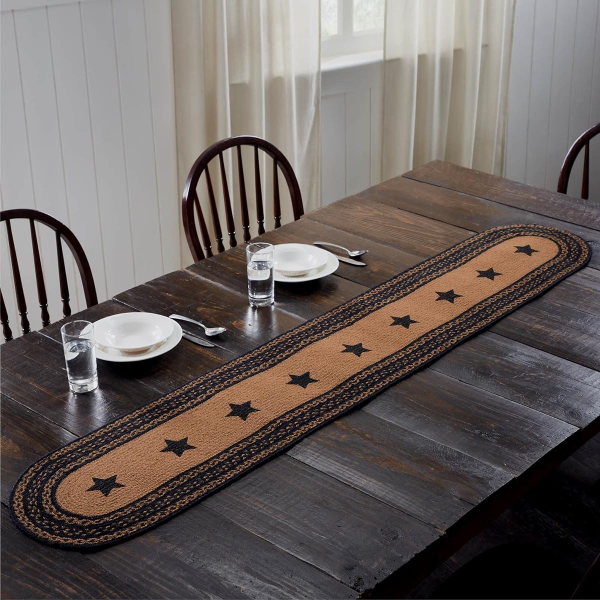 VHC Brands Farmhouse Stars Woven Jute Table Runner, Oval, Black and Tan, 13x72 Inch